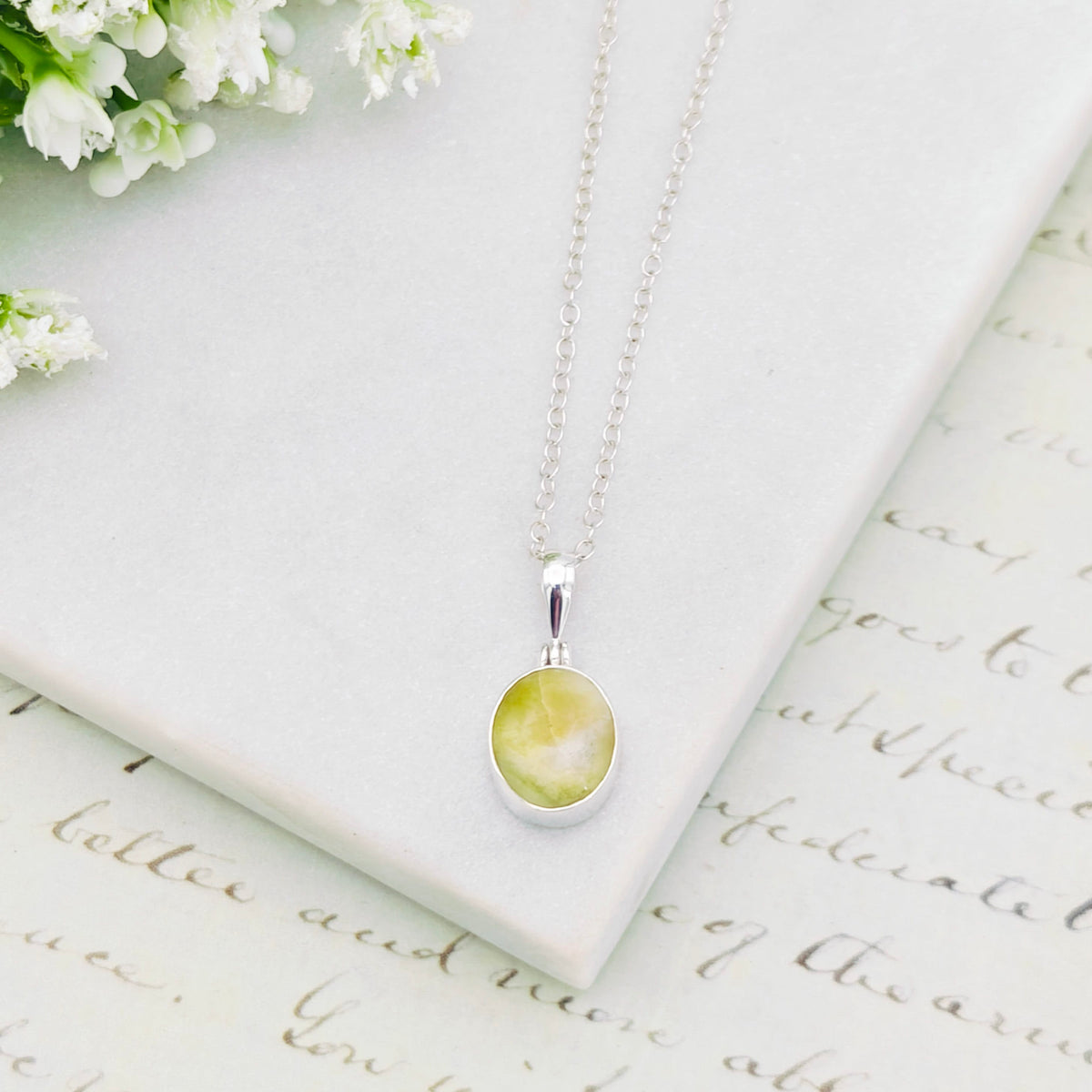 Hepburn and Hughes Isle of Skye Marble Pendant | Scotland Gift | 13mm Pale Green Stone | Sterling Silver