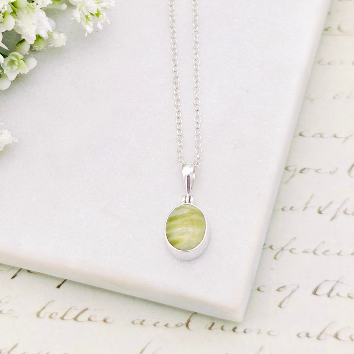 Hepburn and Hughes Isle of Skye Marble Pendant | Scotland Gift | 13mm Pale Green Stone | Sterling Silver