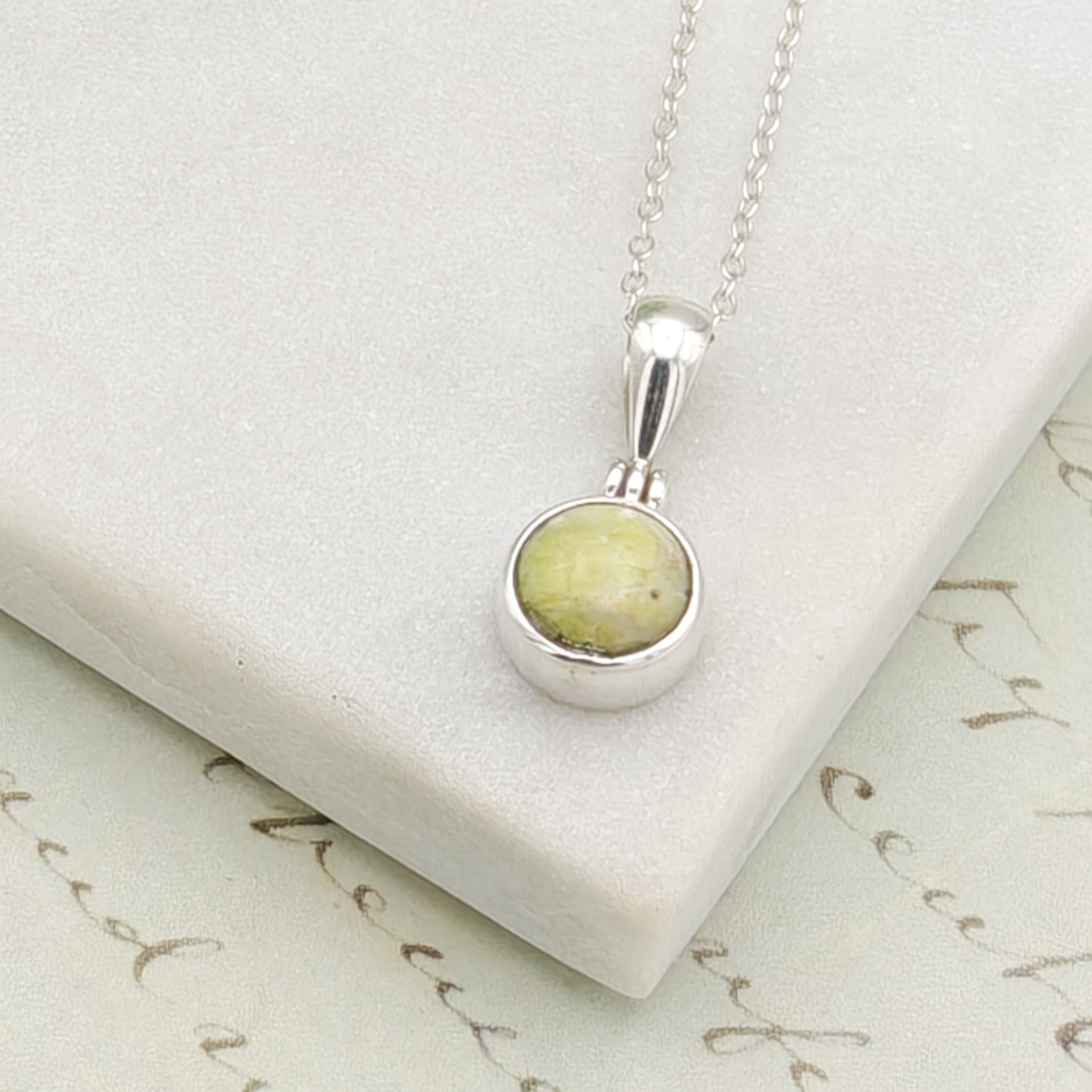 Hepburn & Hughes Isle of Skye Marble Pendant | Scotland Gift | 7mm Pale Green Stone | Sterling Silver