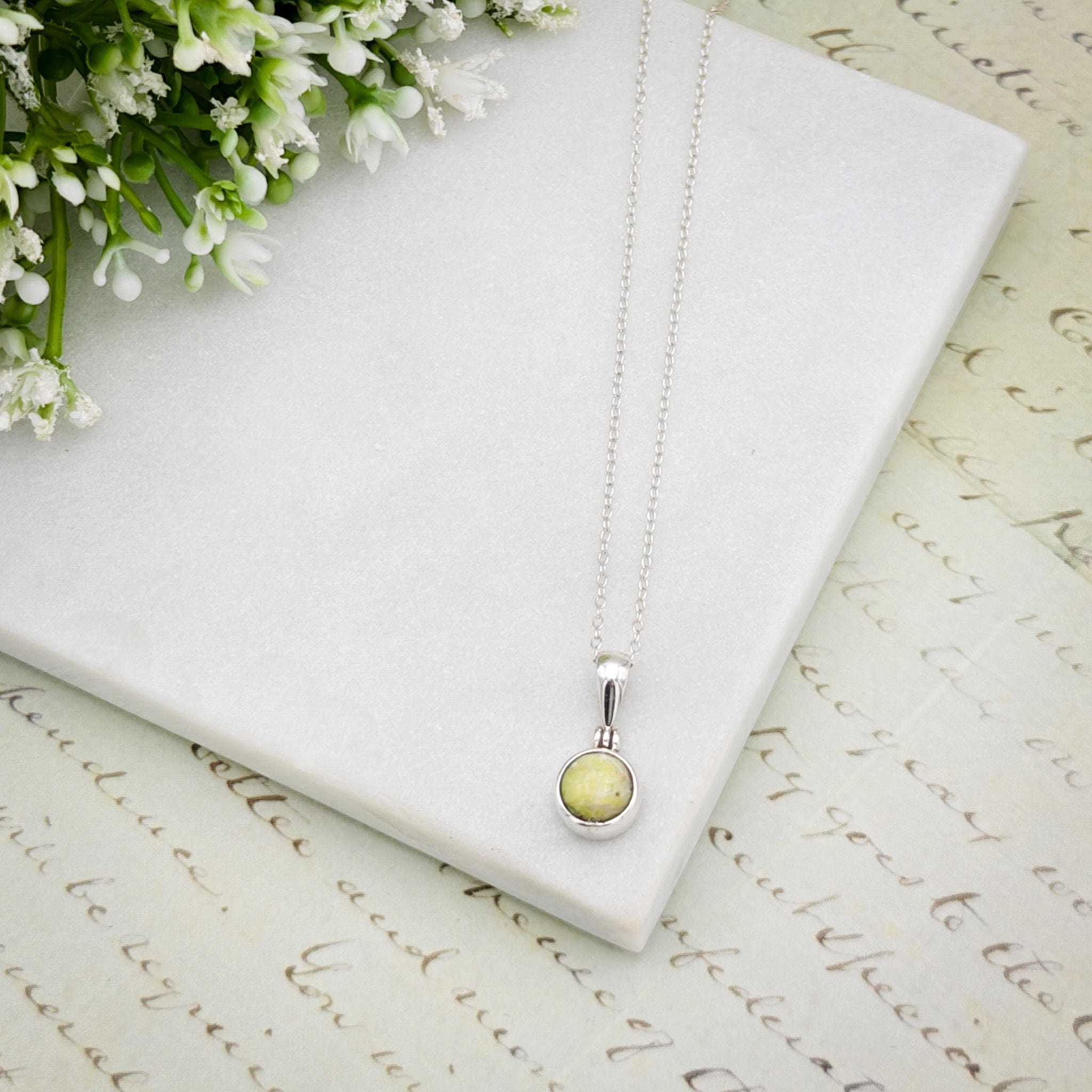 Hepburn & Hughes Isle of Skye Marble Pendant | Scotland Gift | 7mm Pale Green Stone | Sterling Silver
