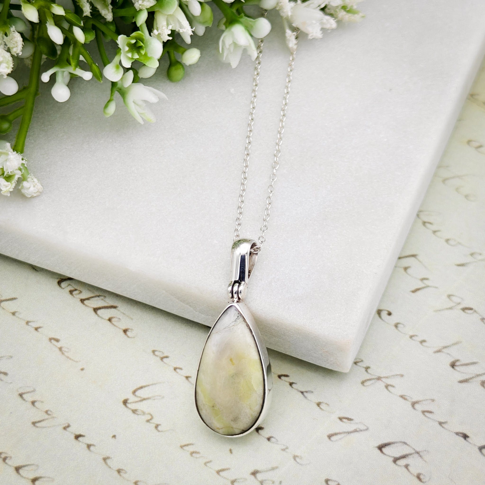 Hepburn & Hughes Isle of Skye Marble Pendant | Scotland Gift | Pale Green Stone | Sterling Silver