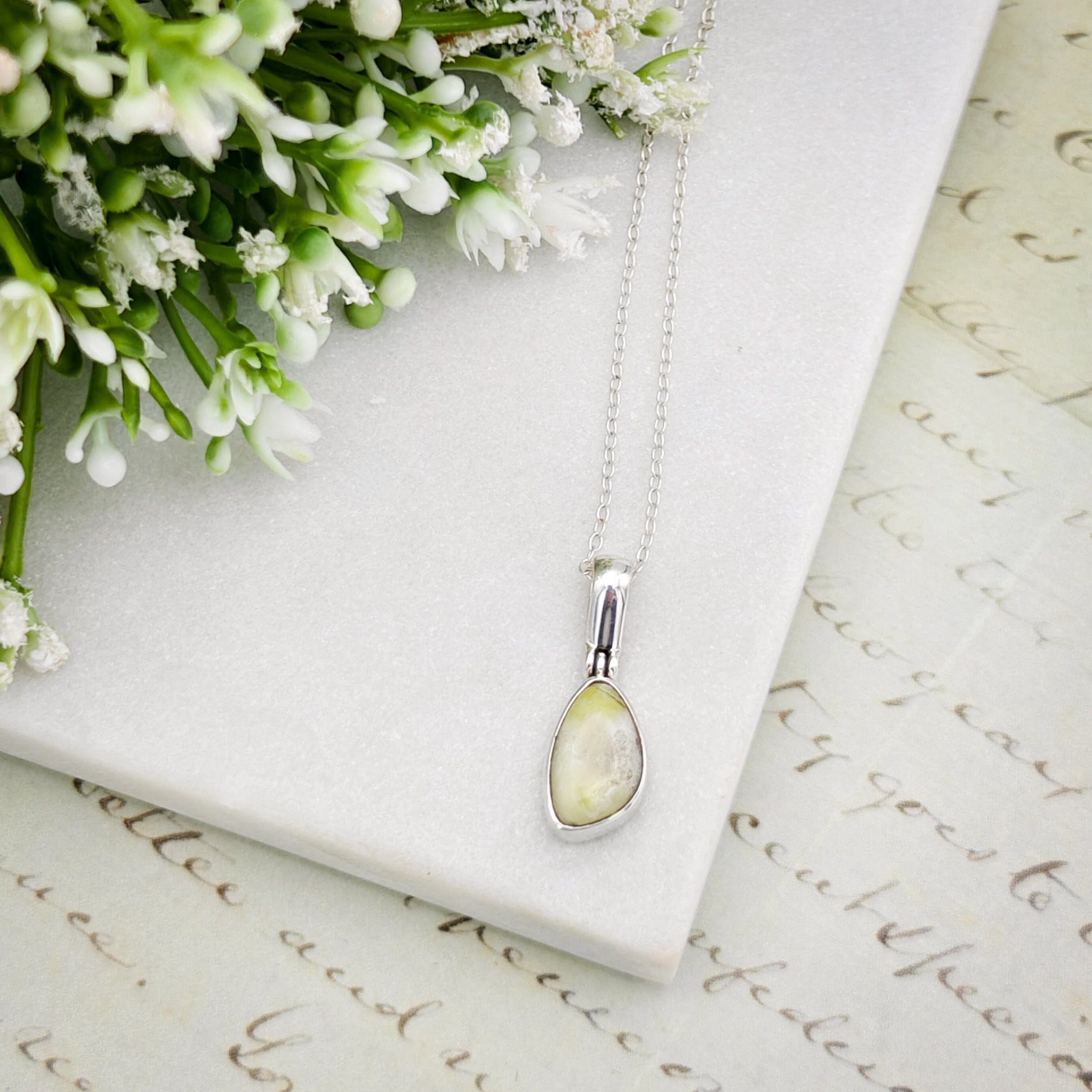 Hepburn & Hughes Isle of Skye Marble Pendant | Scotland Gift | Pale Green Stone | Sterling Silver
