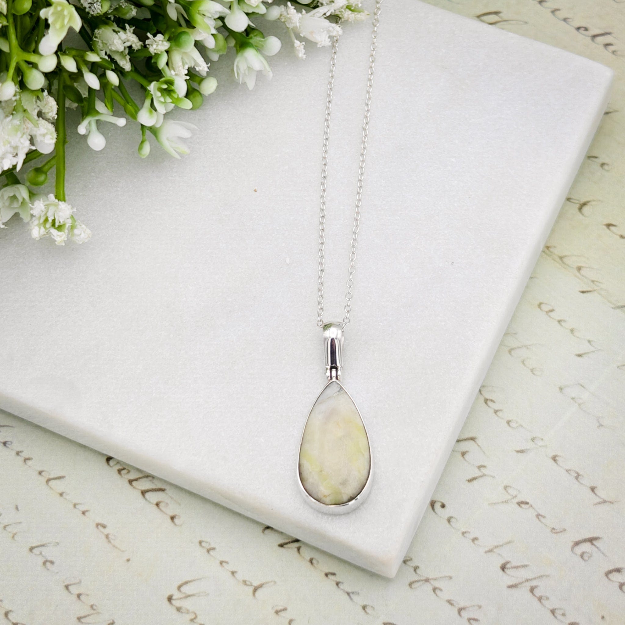 Hepburn & Hughes Isle of Skye Marble Pendant | Scotland Gift | Pale Green Stone | Sterling Silver