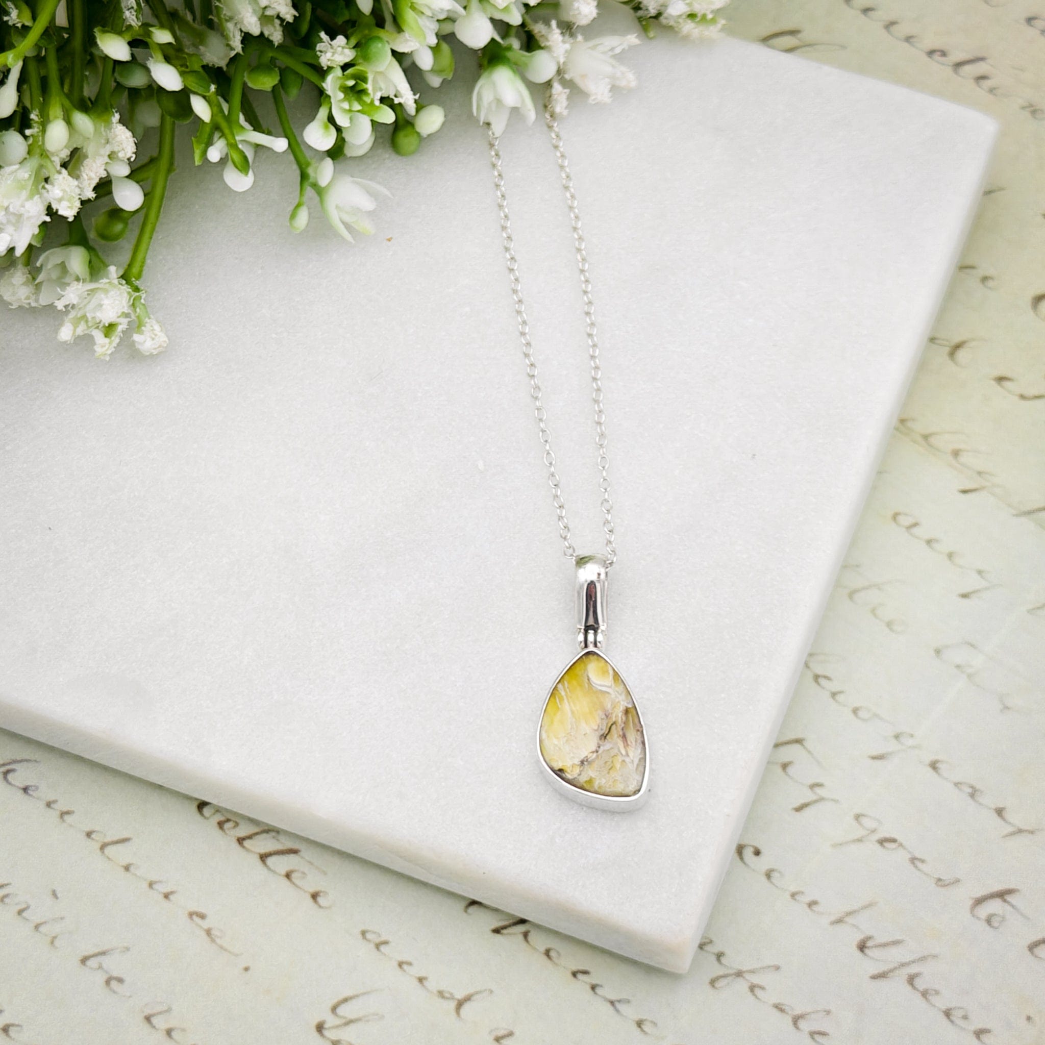 Hepburn & Hughes Isle of Skye Marble Pendant | Scotland Gift | Pale Green Stone | Sterling Silver