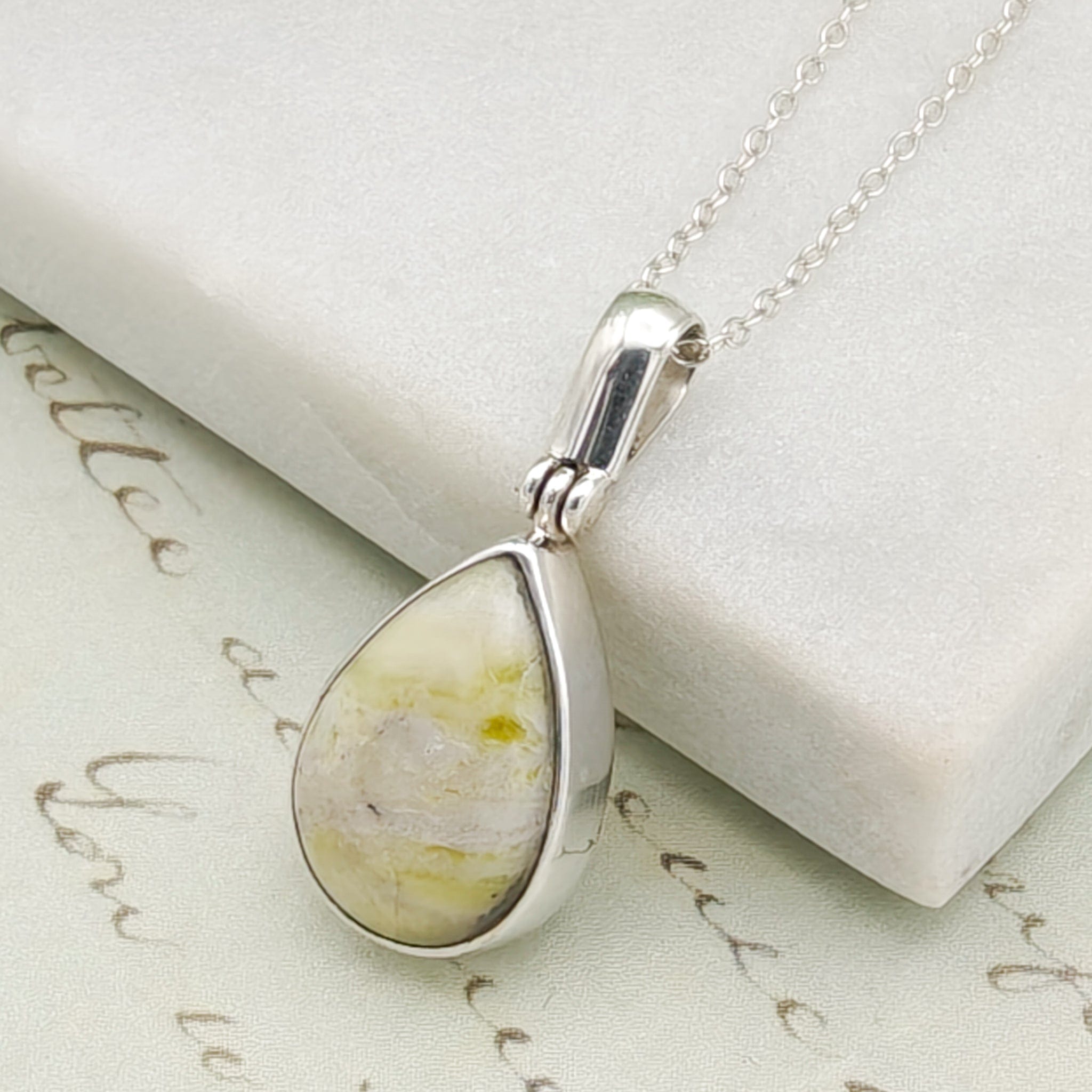 Hepburn & Hughes Isle of Skye Marble Pendant | Scotland Gift | Pale Green Stone | Sterling Silver