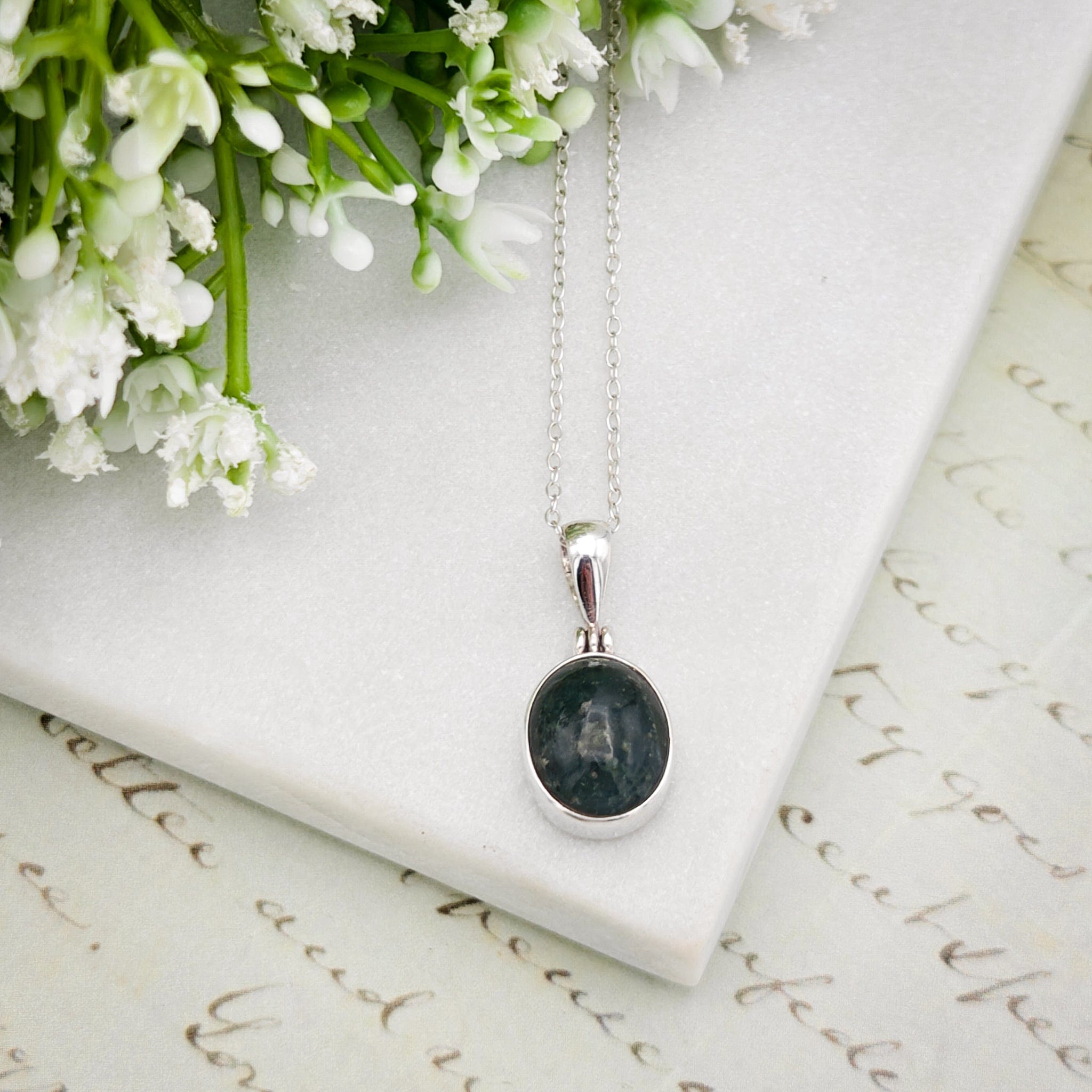 Hepburn & Hughes Isle of Skye Marble Pendant | Scottish Gift | 12mm Green Stone | Sterling Silver