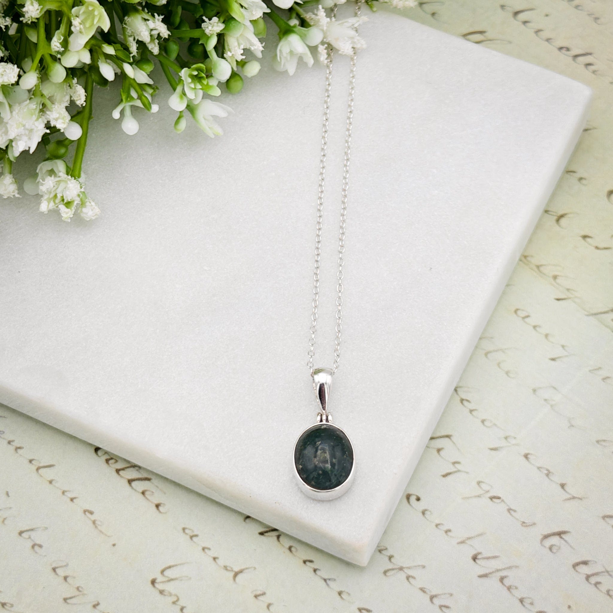Hepburn & Hughes Isle of Skye Marble Pendant | Scottish Gift | 12mm Green Stone | Sterling Silver