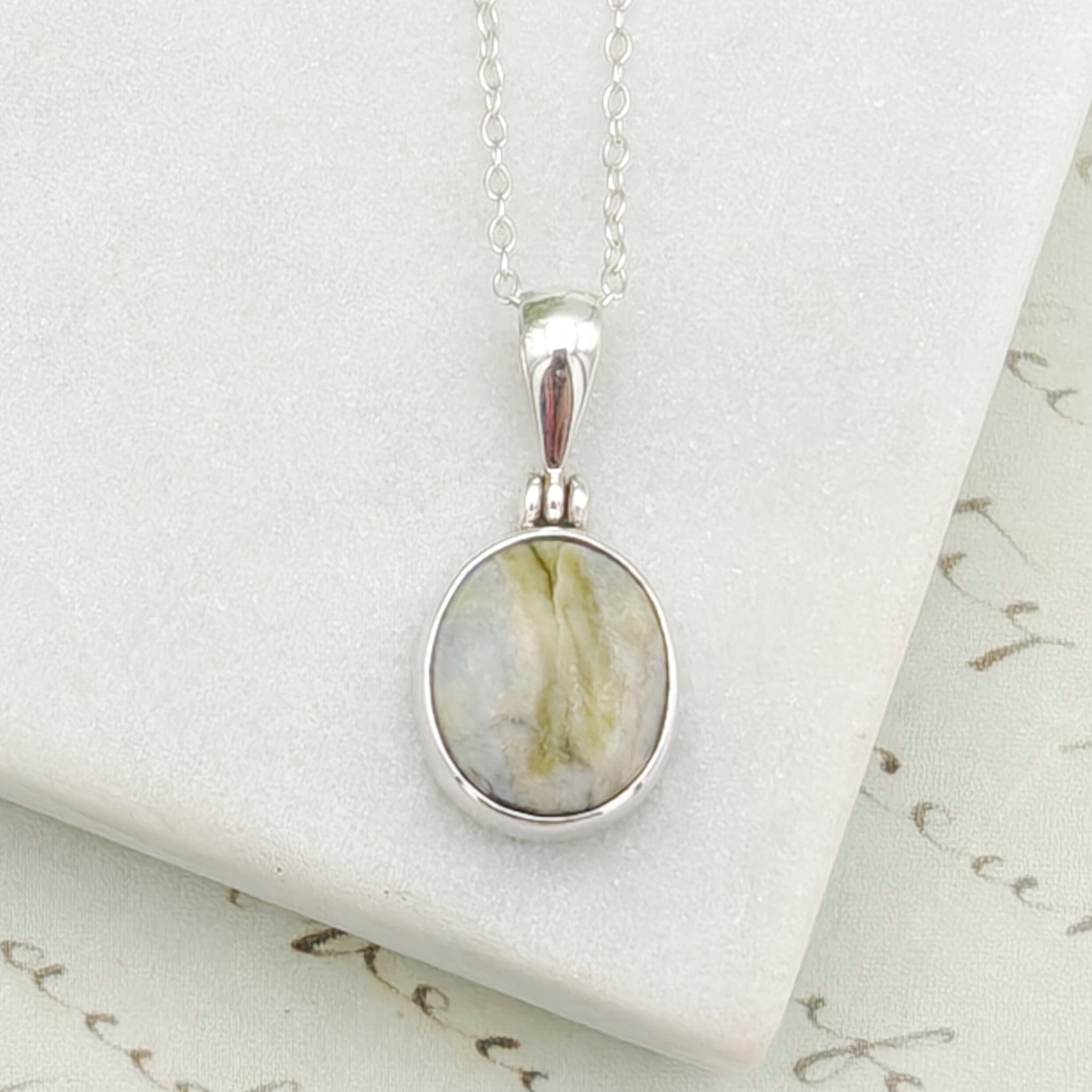 Hepburn & Hughes Isle of Skye Marble Pendant | Scottish Gift | 12mm Green Stone | Sterling Silver