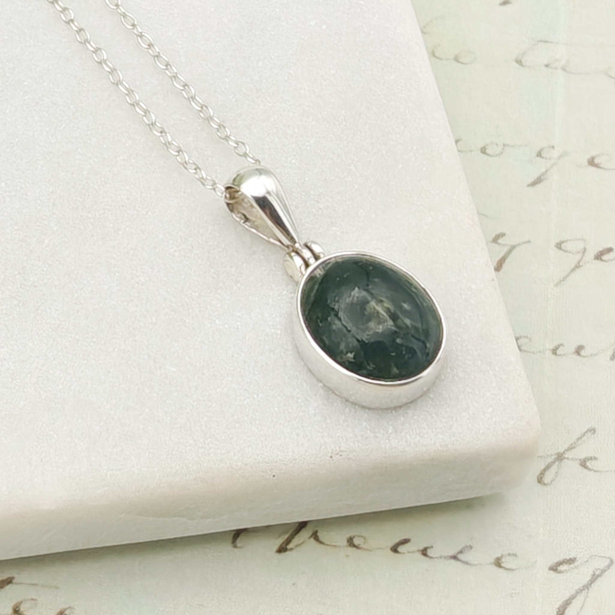 Hepburn & Hughes Isle of Skye Marble Pendant | Scottish Gift | 12mm Green Stone | Sterling Silver