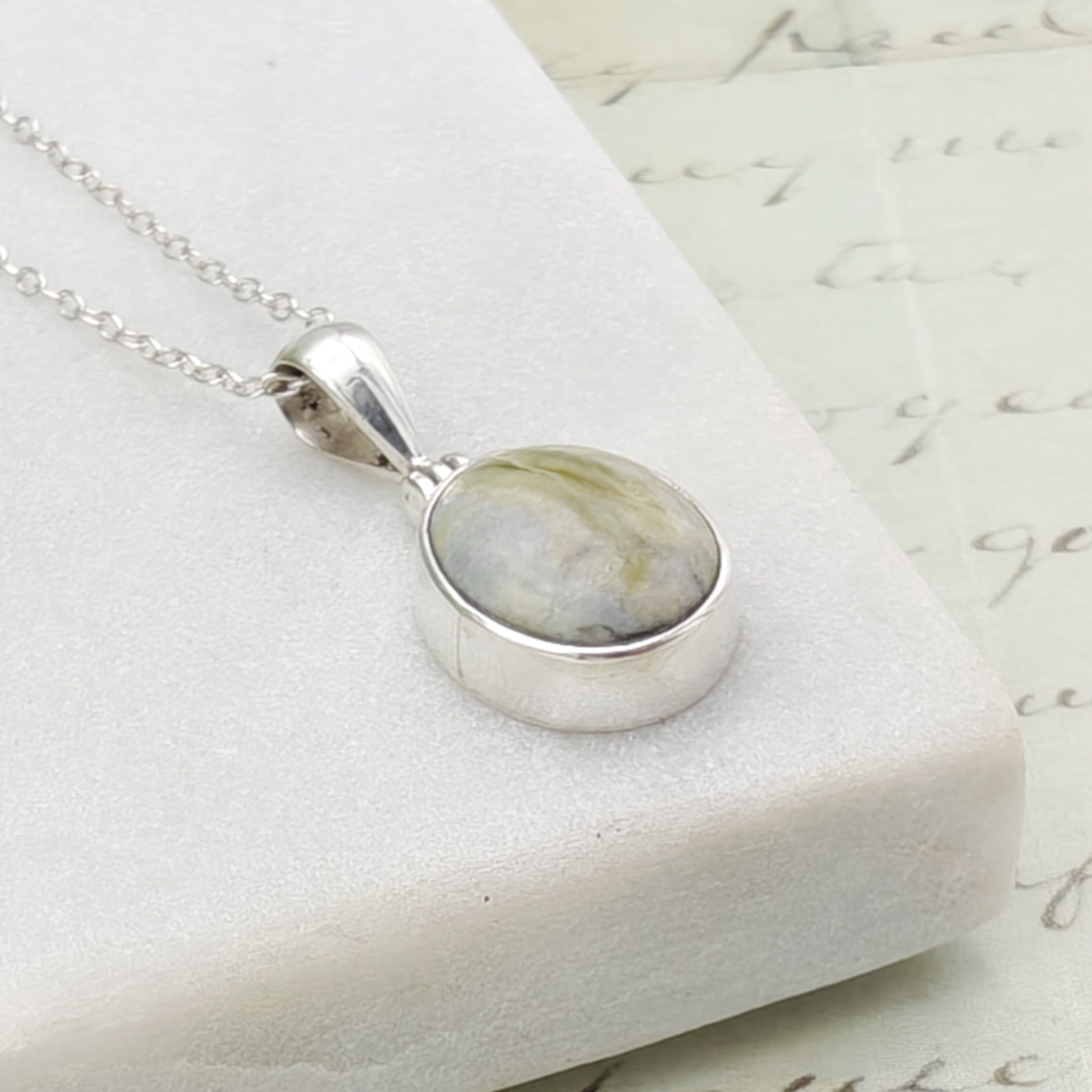Hepburn & Hughes Isle of Skye Marble Pendant | Scottish Gift | 12mm Green Stone | Sterling Silver
