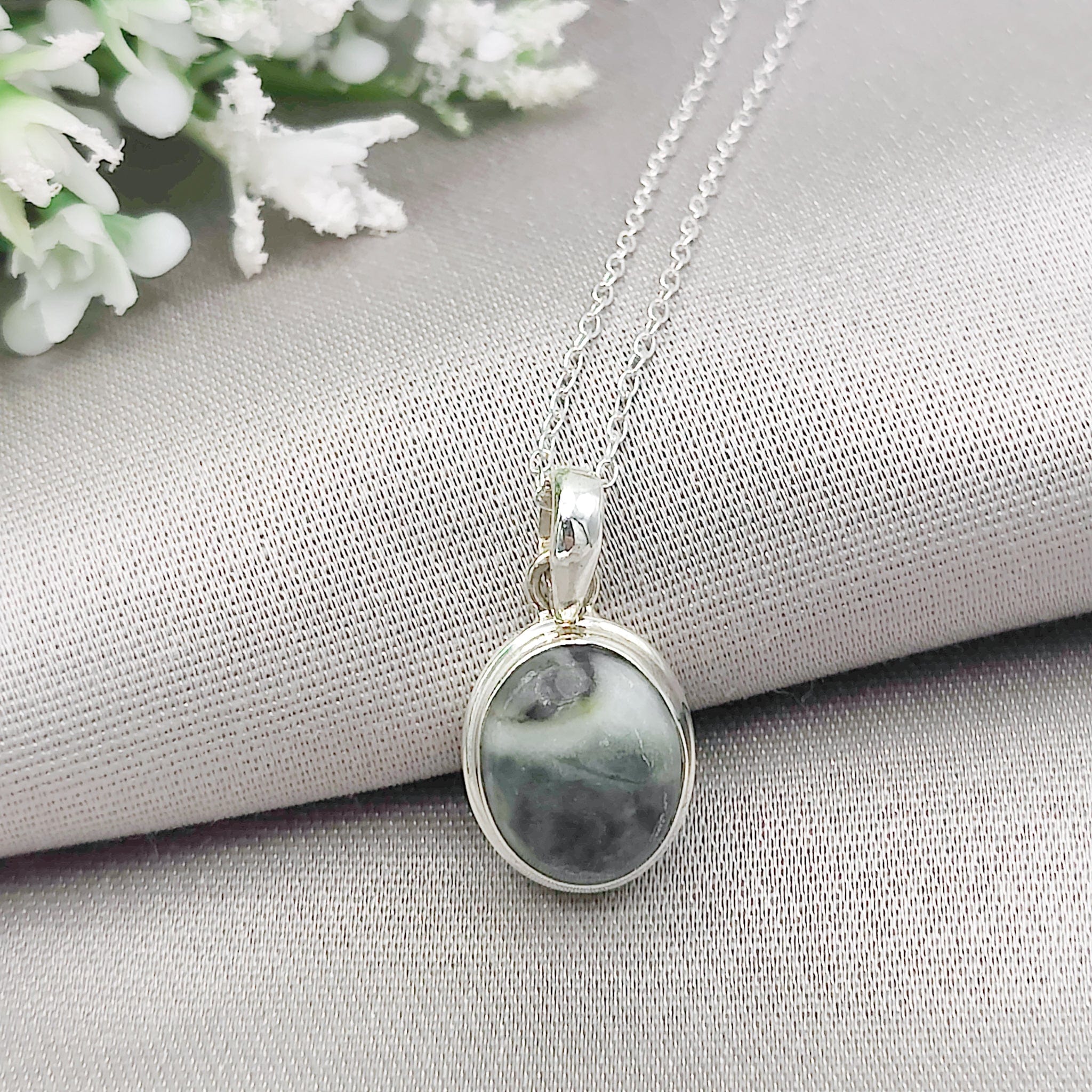 Hepburn & Hughes Isle of Skye Marble Pendant | Scottish Gift | 12mm Green Stone | Sterling Silver