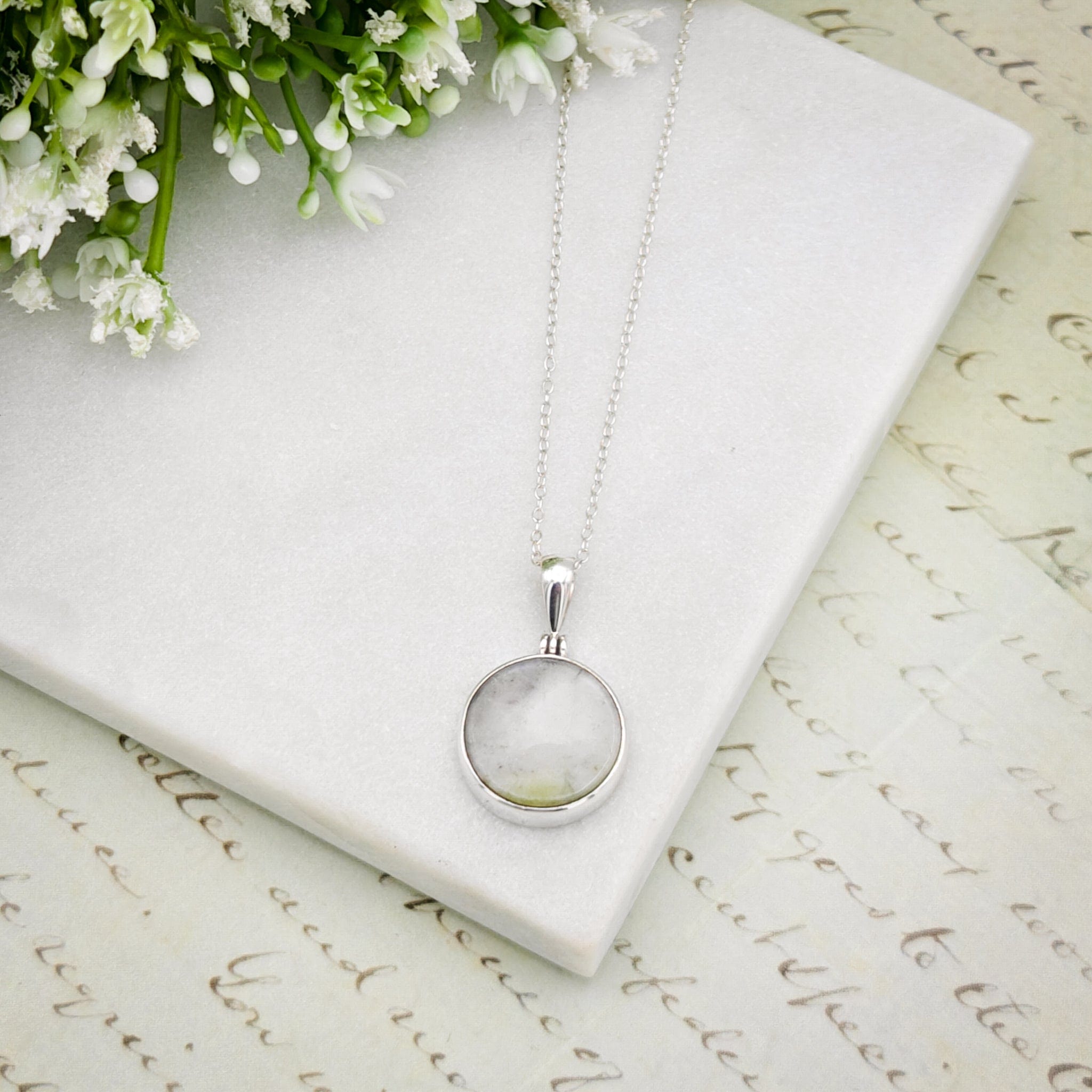 Hepburn & Hughes Isle of Skye Marble Pendant | Scottish Gift | 15mm Circular Stone | Sterling Silver
