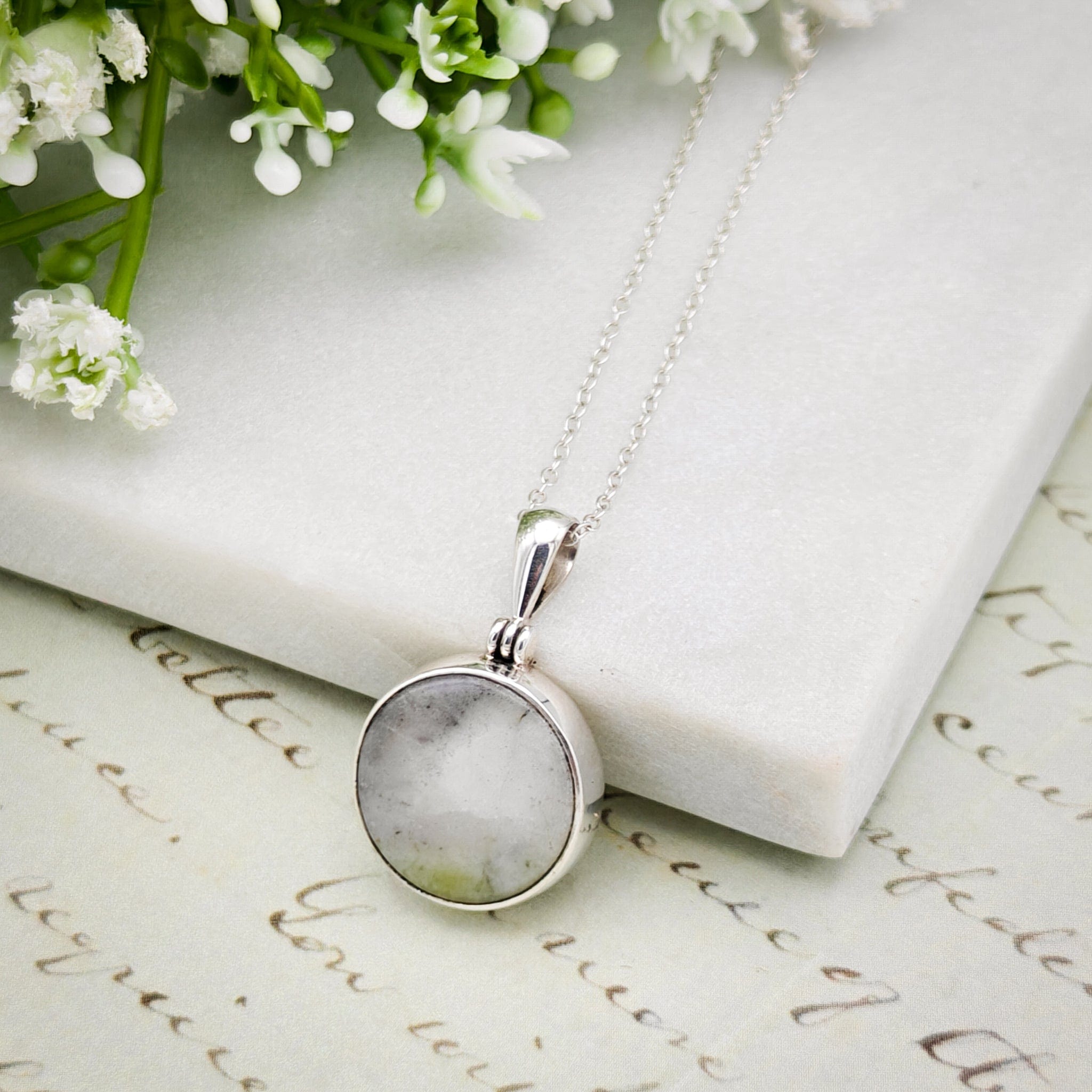 Hepburn & Hughes Isle of Skye Marble Pendant | Scottish Gift | 15mm Circular Stone | Sterling Silver