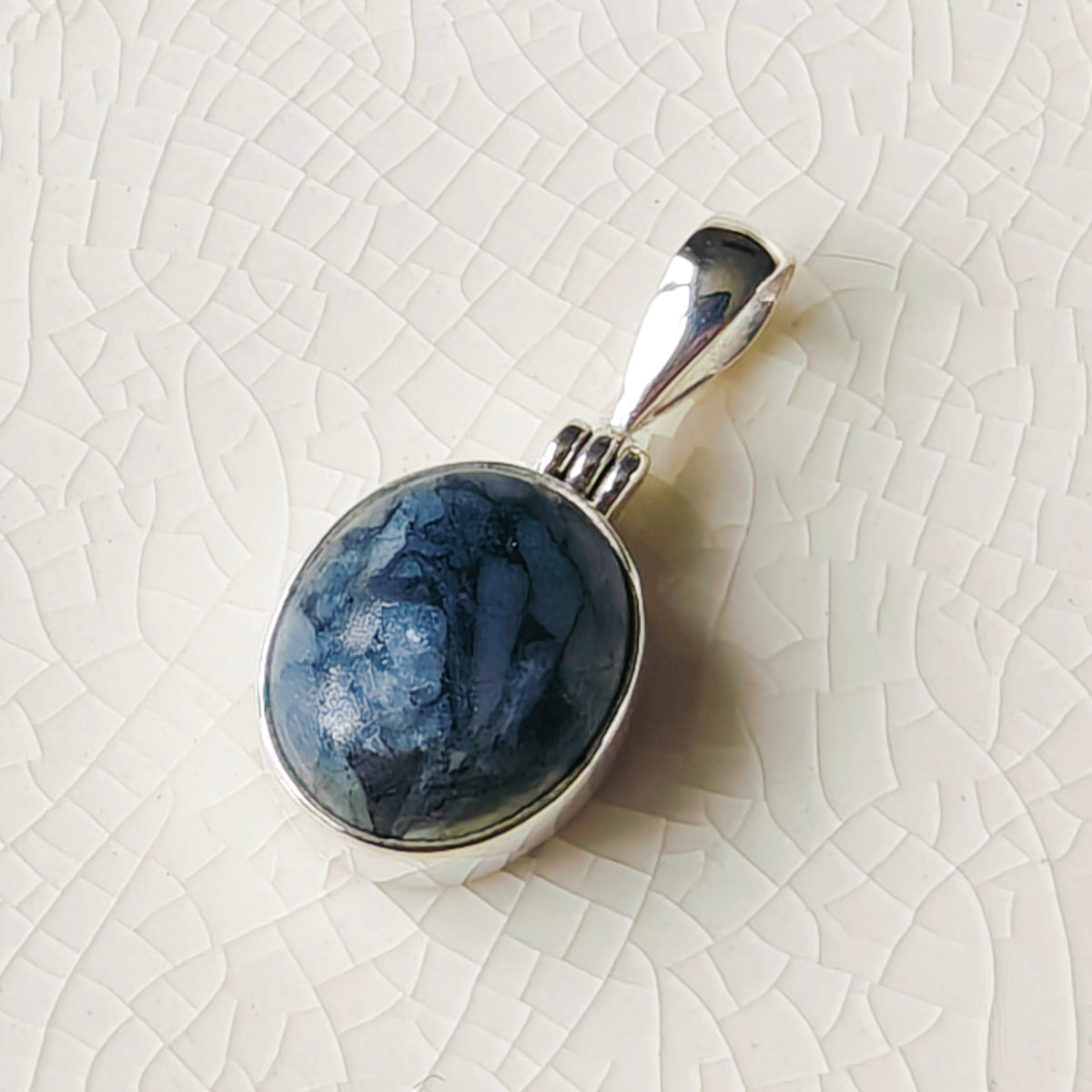Hepburn and Hughes Isle of Skye Marble Pendant | Scottish Gift | 15mm Oval Grey Stone | Sterling Silver