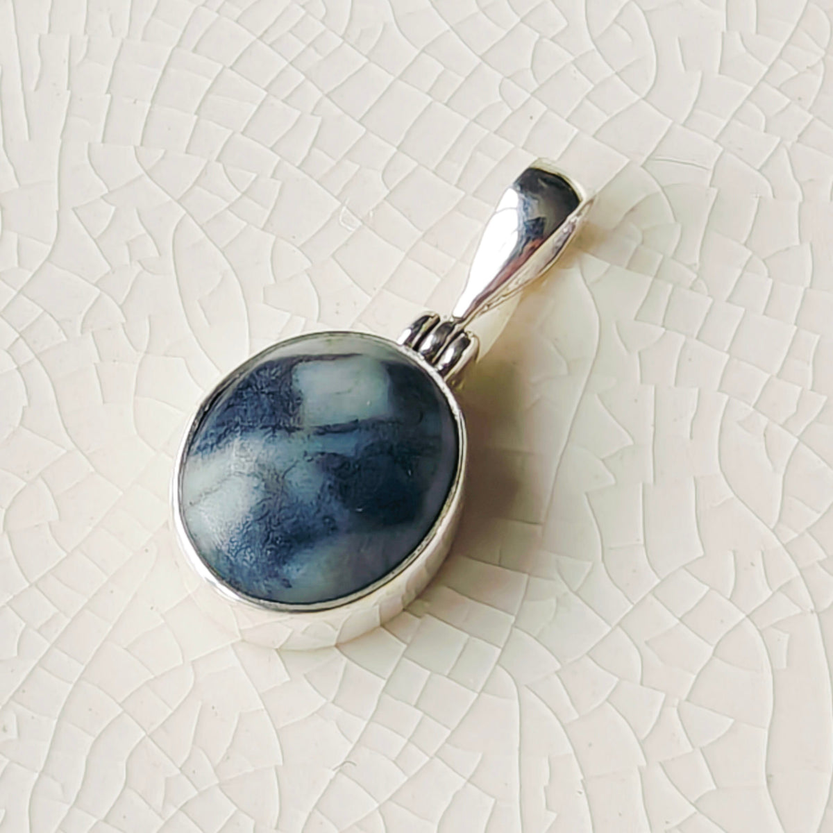 Hepburn and Hughes Isle of Skye Marble Pendant | Scottish Gift | 15mm Oval Grey Stone | Sterling Silver