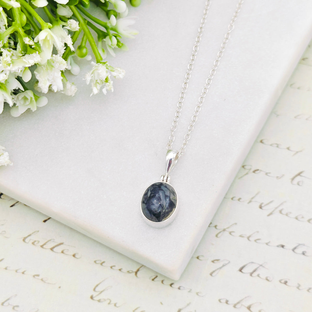 Hepburn and Hughes Isle of Skye Marble Pendant | Scottish Gift | 15mm Oval Grey Stone | Sterling Silver