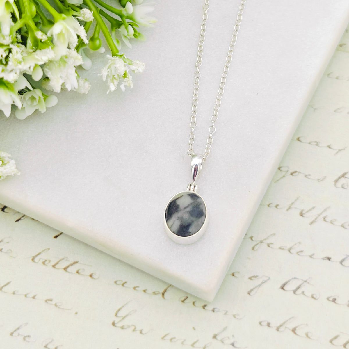 Hepburn and Hughes Isle of Skye Marble Pendant | Scottish Gift | 15mm Oval Grey Stone | Sterling Silver
