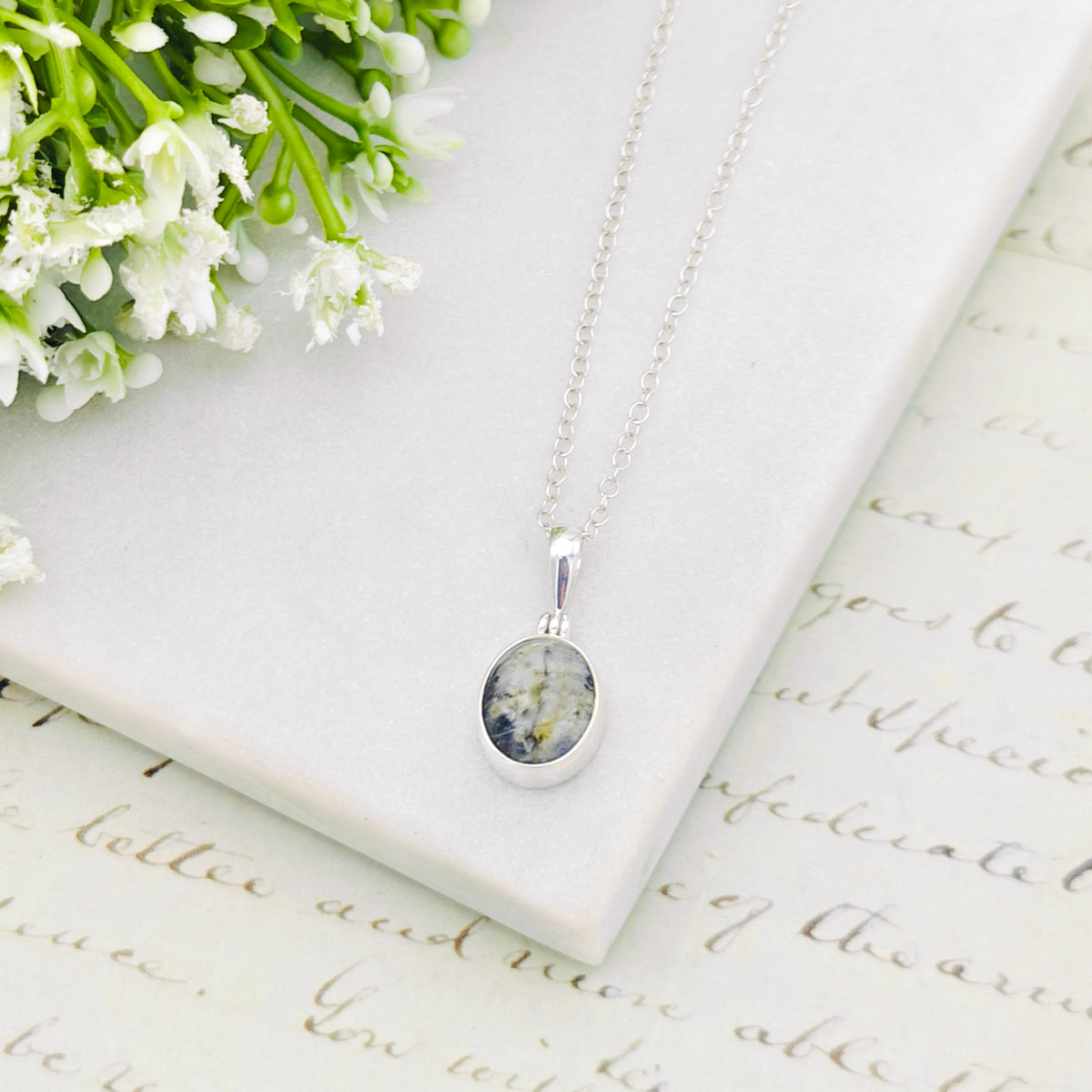 Hepburn and Hughes Isle of Skye Marble Pendant | Scottish Gift | 15mm Oval Grey Stone | Sterling Silver