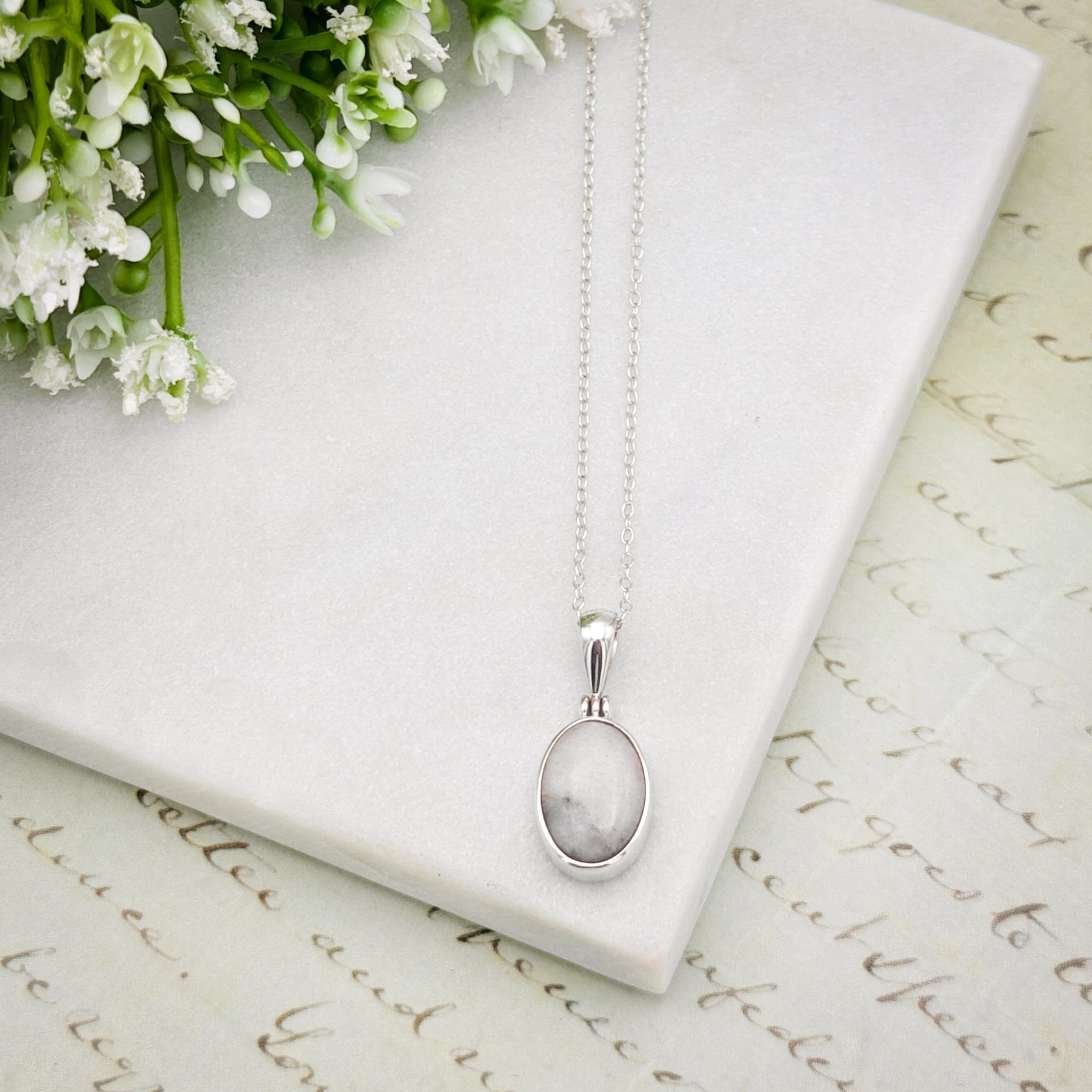 Hepburn & Hughes Isle of Skye Marble Pendant | Scottish Gift | 15mm Oval Grey Stones | Sterling Silver