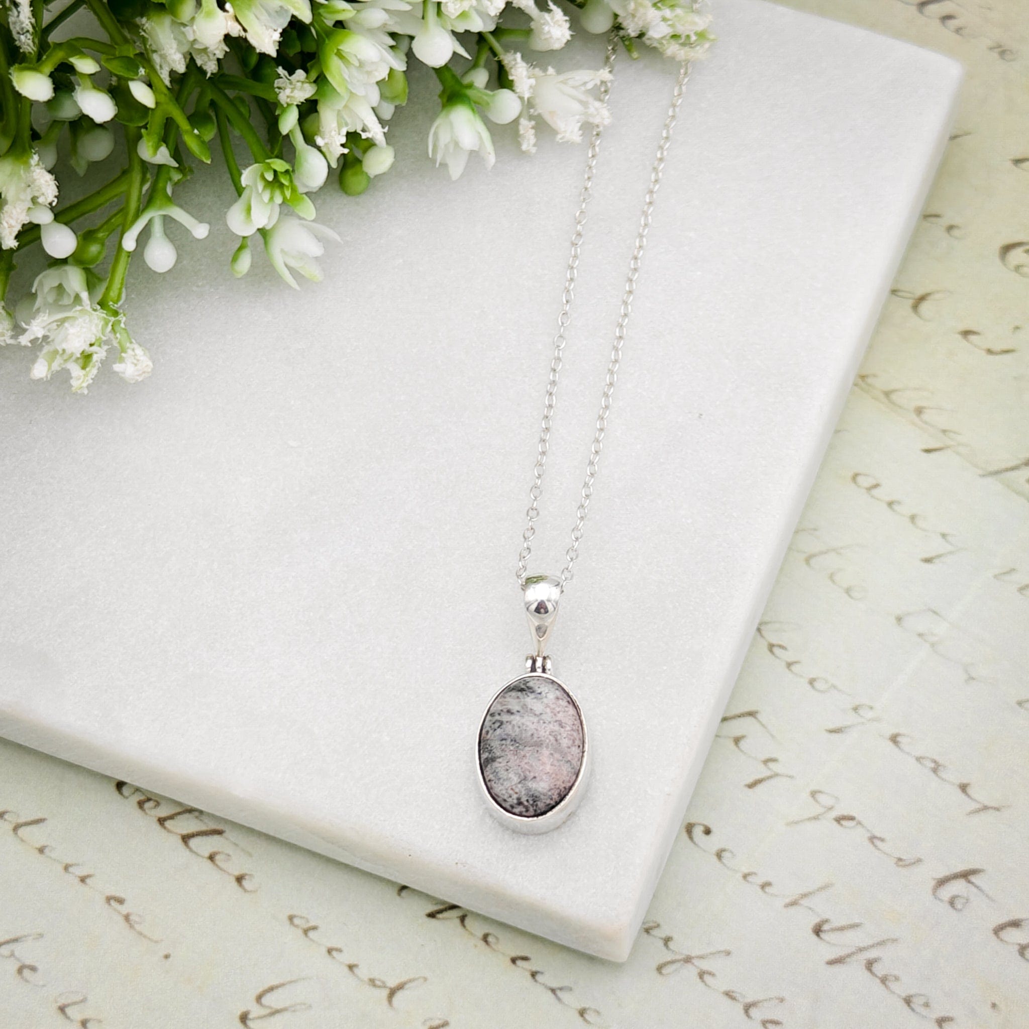Hepburn & Hughes Isle of Skye Marble Pendant | Scottish Gift | 15mm Oval Grey Stones | Sterling Silver