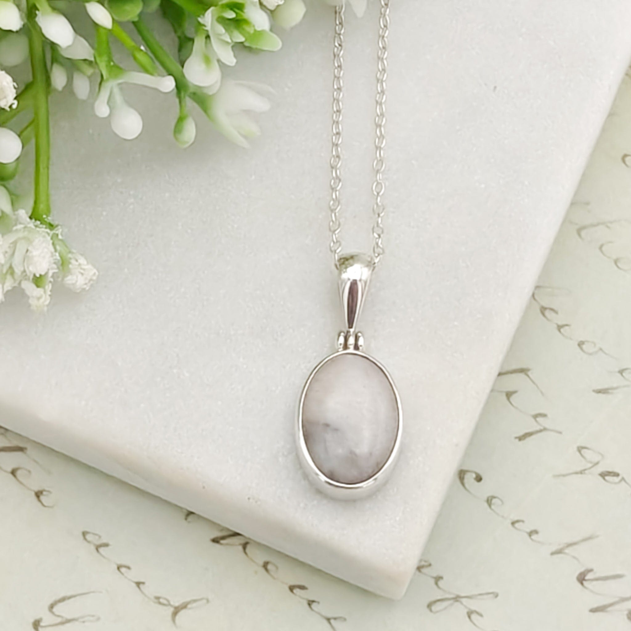 Hepburn & Hughes Isle of Skye Marble Pendant | Scottish Gift | 15mm Oval Grey Stones | Sterling Silver