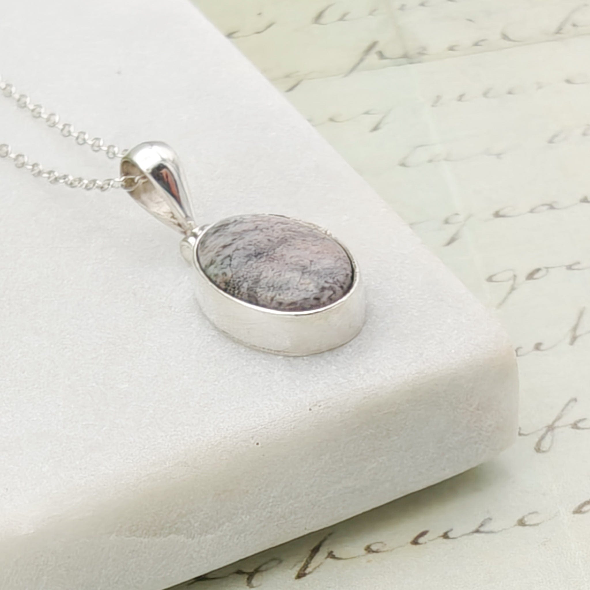 Hepburn & Hughes Isle of Skye Marble Pendant | Scottish Gift | 15mm Oval Grey Stones | Sterling Silver