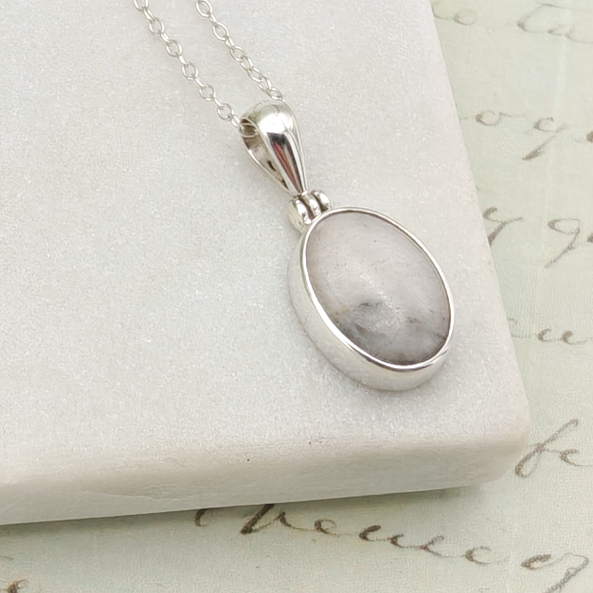 Hepburn & Hughes Isle of Skye Marble Pendant | Scottish Gift | 15mm Oval Grey Stones | Sterling Silver