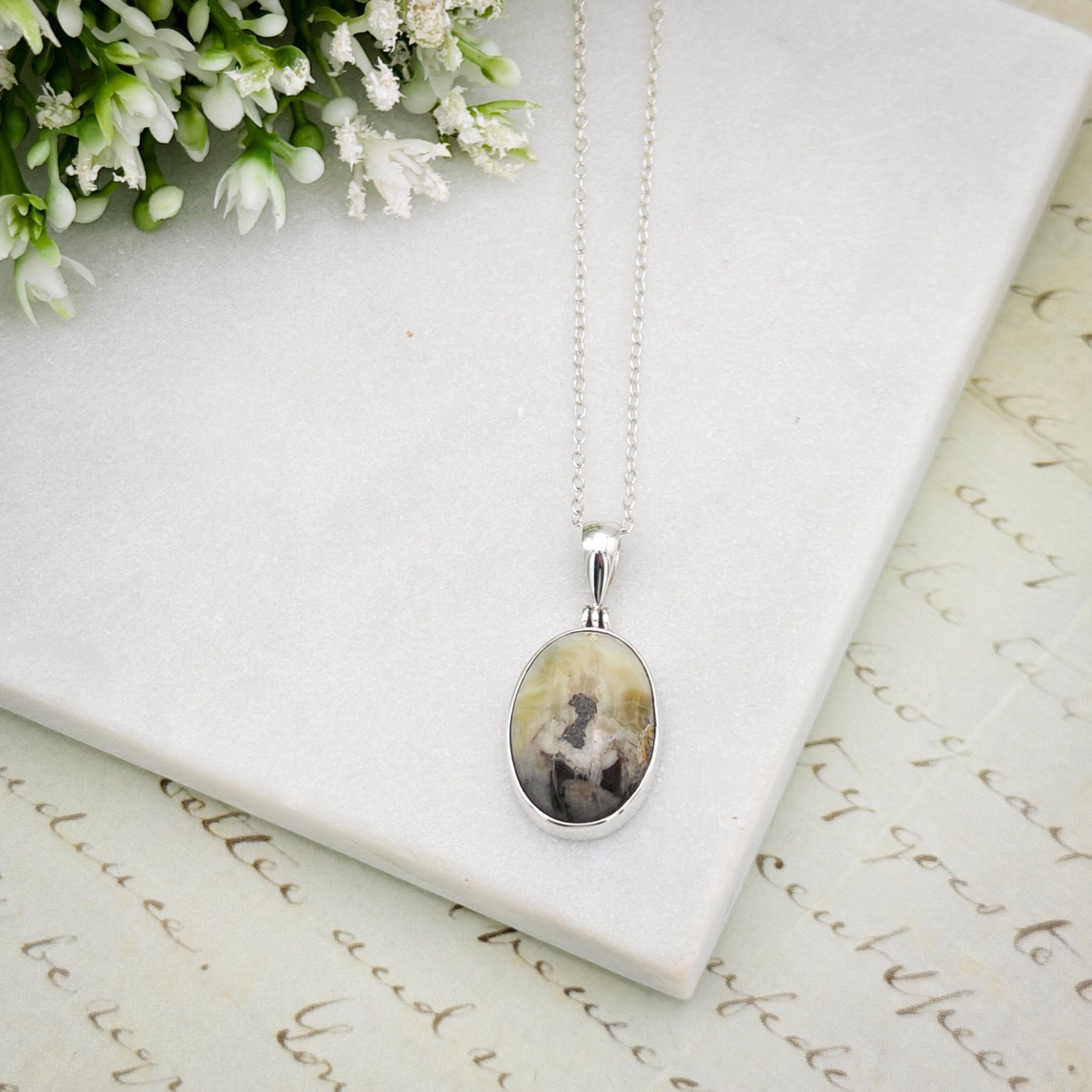 Hepburn & Hughes Isle of Skye Marble Pendant | Scottish Gift | 18mm Grey Oval Stones | Sterling Silver