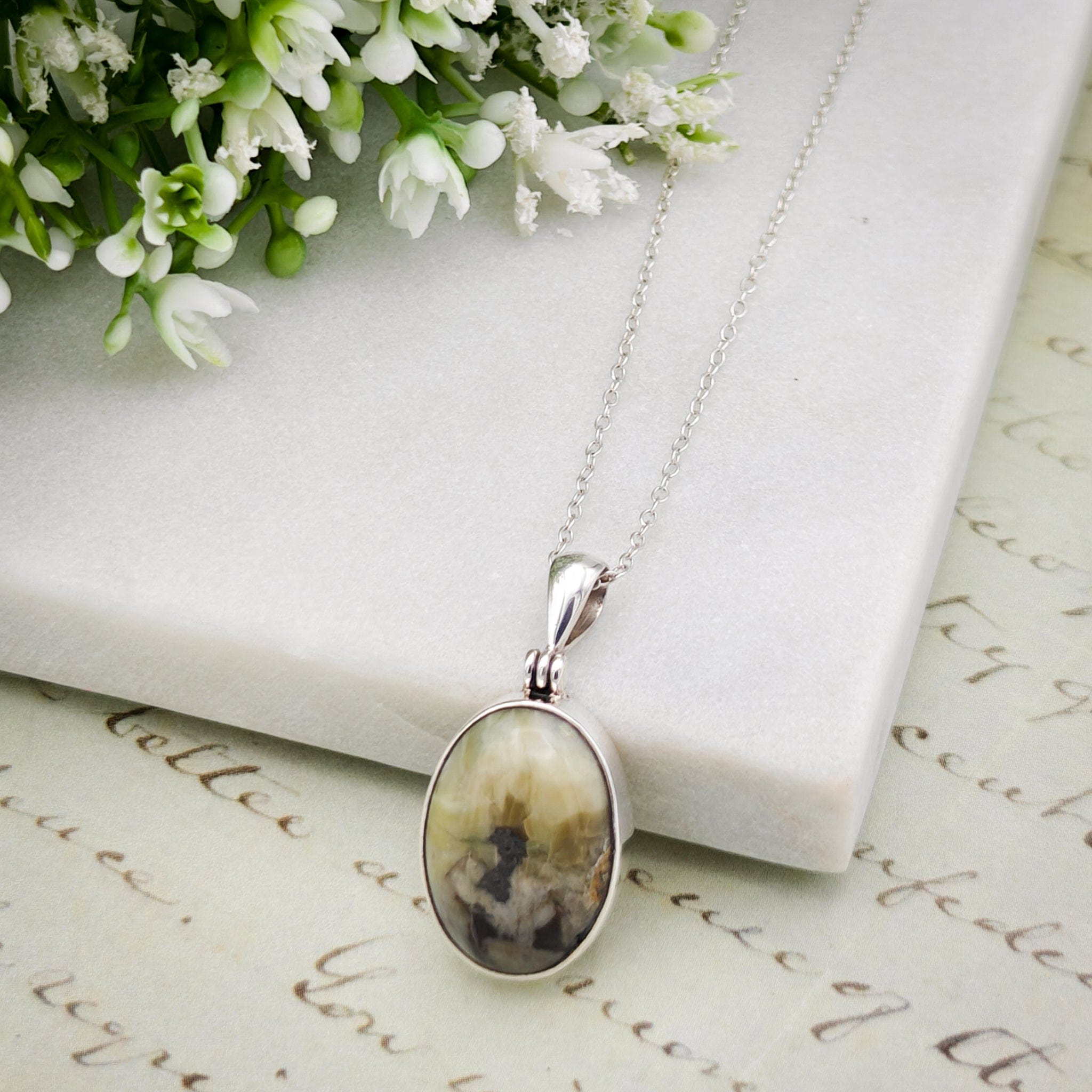 Hepburn & Hughes Isle of Skye Marble Pendant | Scottish Gift | 18mm Grey Oval Stones | Sterling Silver