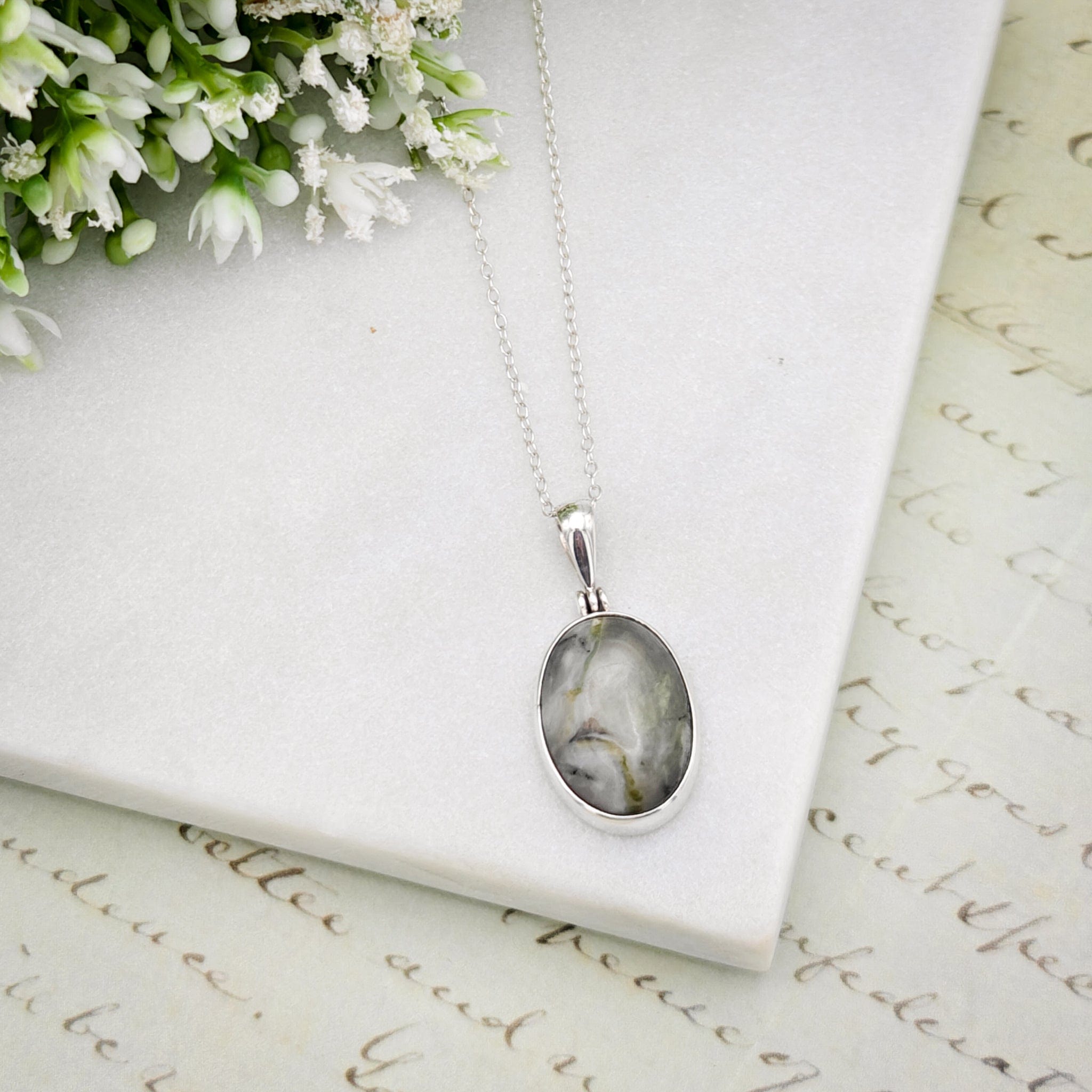 Hepburn & Hughes Isle of Skye Marble Pendant | Scottish Gift | 18mm Grey Oval Stones | Sterling Silver