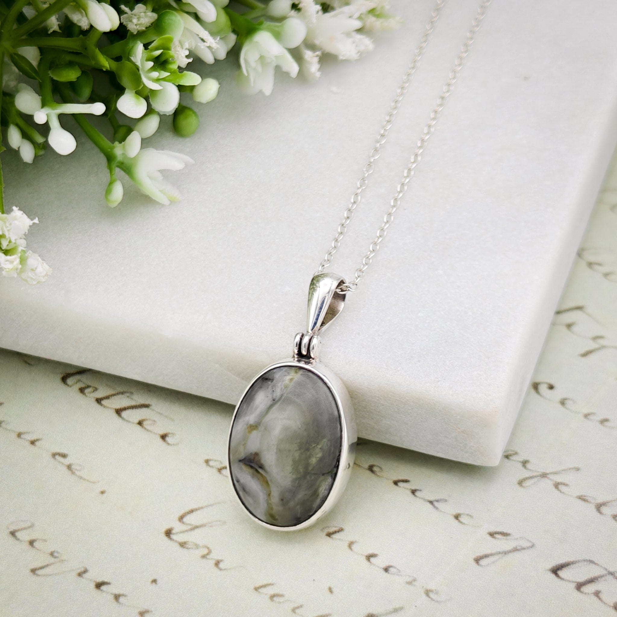 Hepburn & Hughes Isle of Skye Marble Pendant | Scottish Gift | 18mm Grey Oval Stones | Sterling Silver