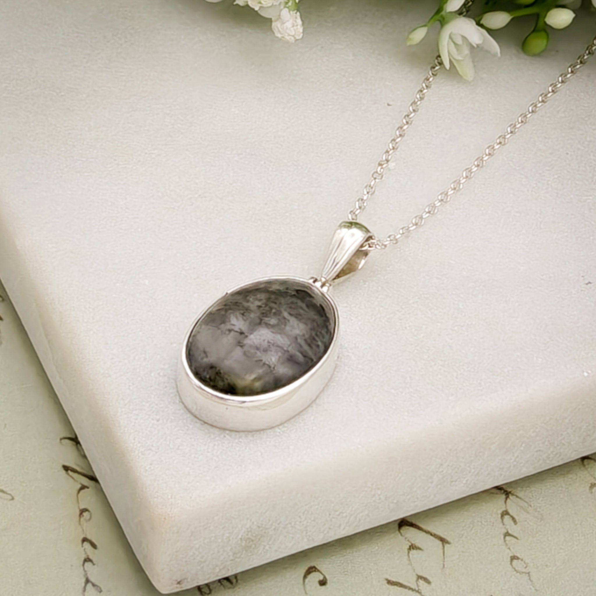 Hepburn & Hughes Isle of Skye Marble Pendant | Scottish Gift | 18mm Grey Oval Stones | Sterling Silver