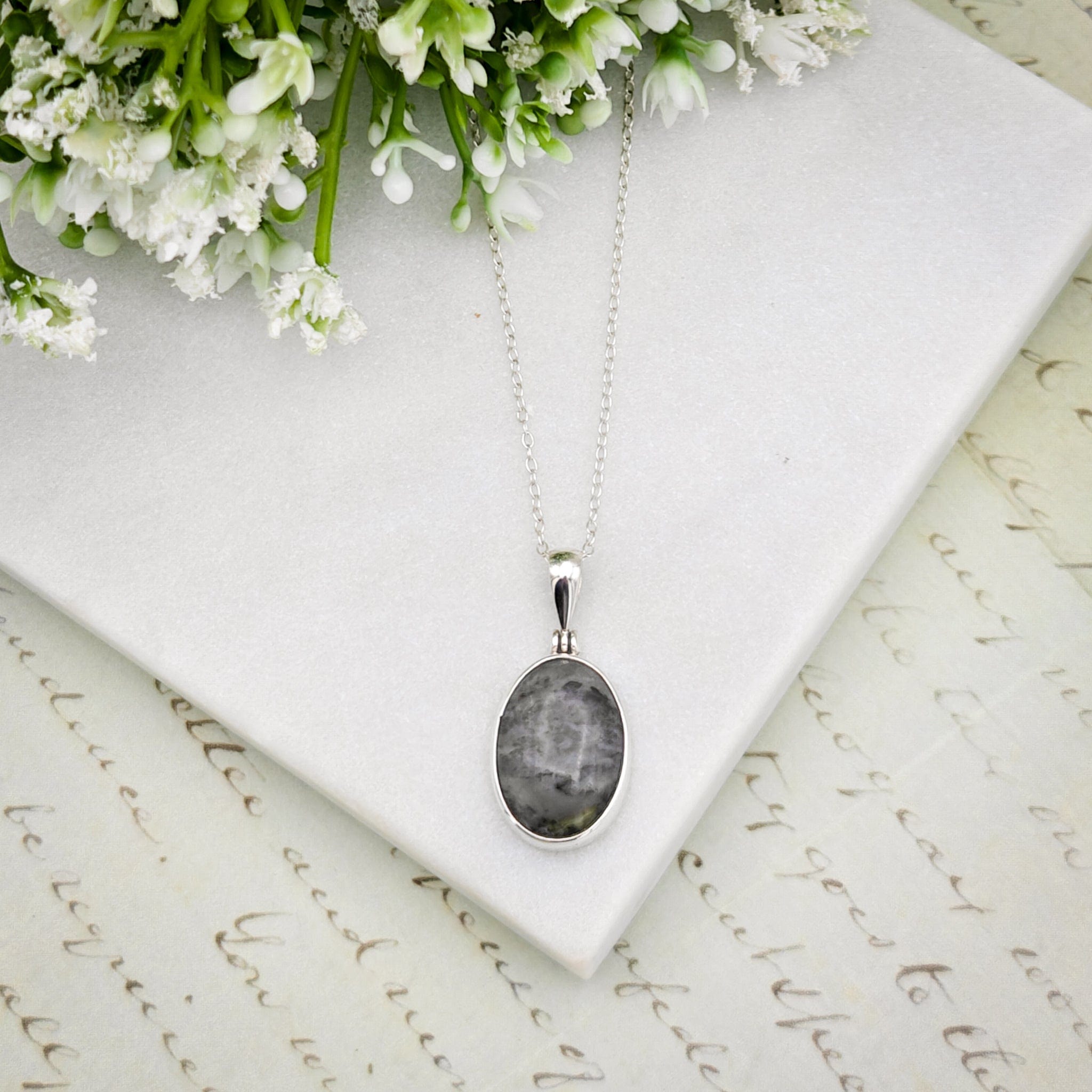 Hepburn & Hughes Isle of Skye Marble Pendant | Scottish Gift | 18mm Grey Oval Stones | Sterling Silver