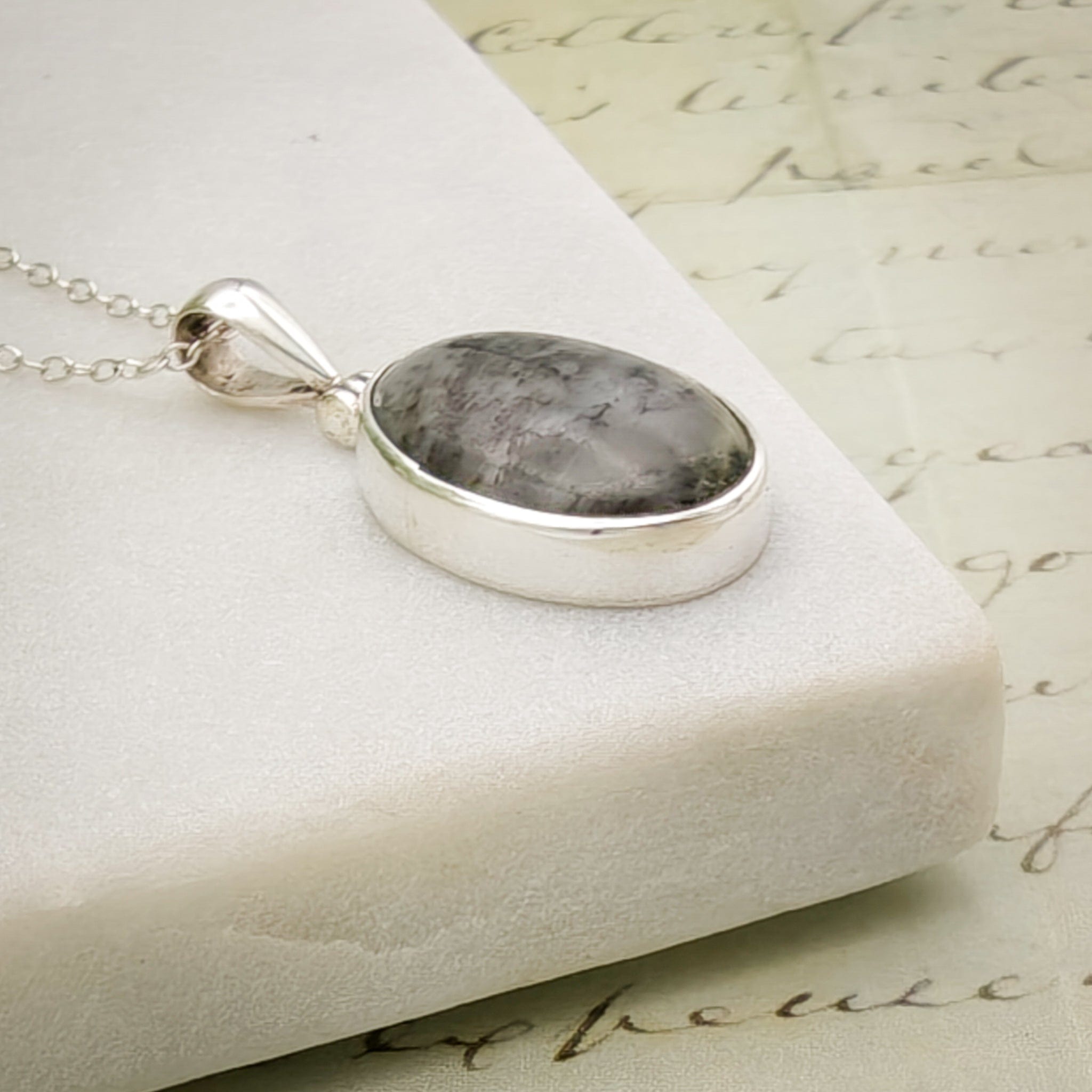 Hepburn & Hughes Isle of Skye Marble Pendant | Scottish Gift | 18mm Grey Oval Stones | Sterling Silver