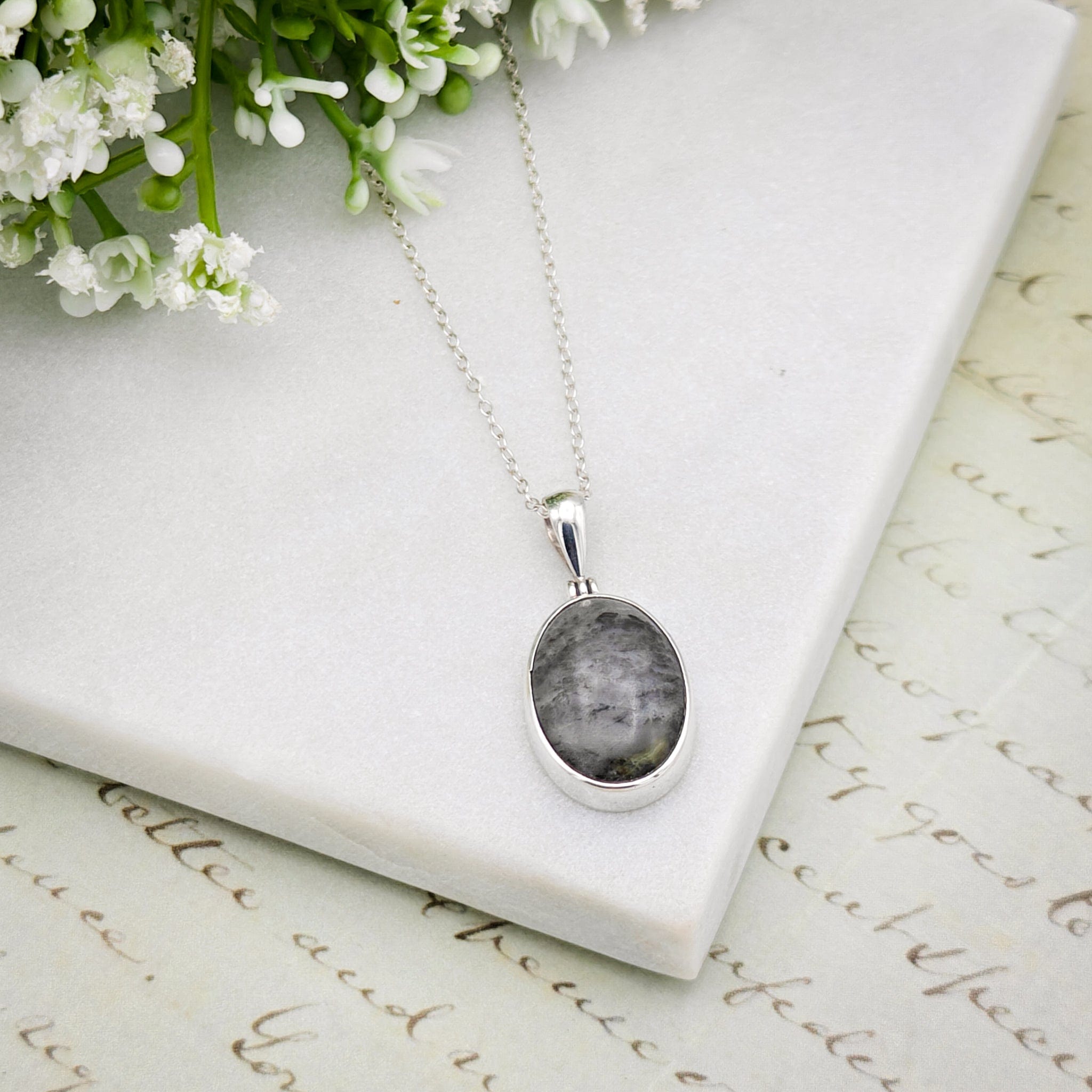 Hepburn & Hughes Isle of Skye Marble Pendant | Scottish Gift | 18mm Grey Oval Stones | Sterling Silver