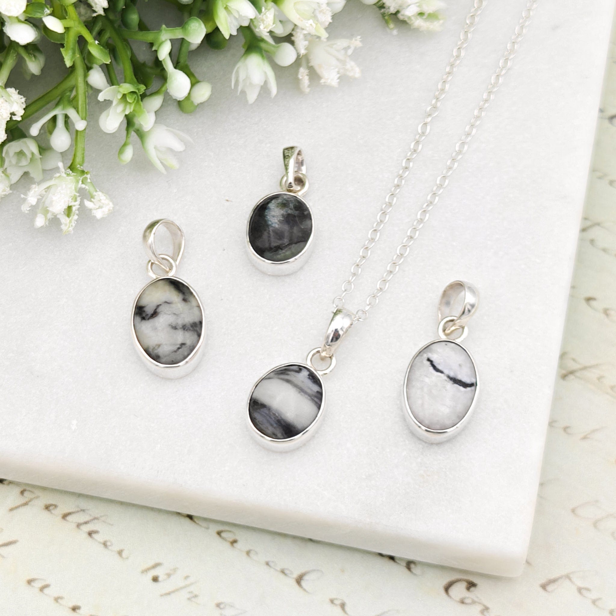 Hepburn and Hughes Isle of Skye Marble Pendant | Scottish Gift | 18mm Grey Oval Stones | Sterling Silver