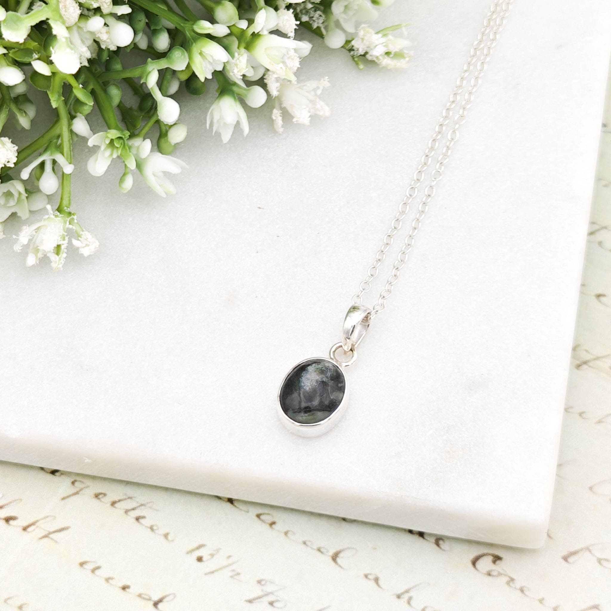 Hepburn and Hughes Isle of Skye Marble Pendant | Scottish Gift | 18mm Grey Oval Stones | Sterling Silver