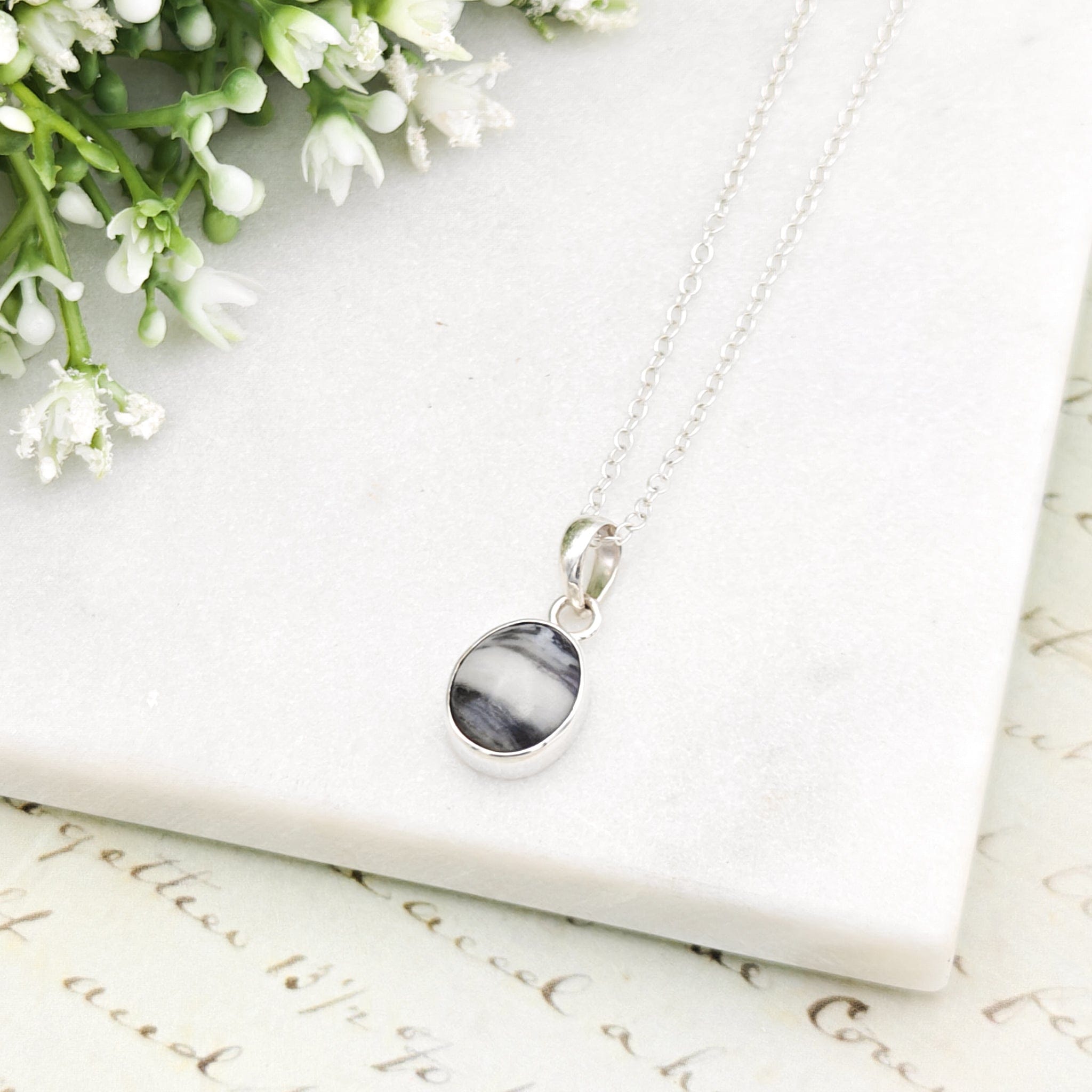 Hepburn and Hughes Isle of Skye Marble Pendant | Scottish Gift | 18mm Grey Oval Stones | Sterling Silver