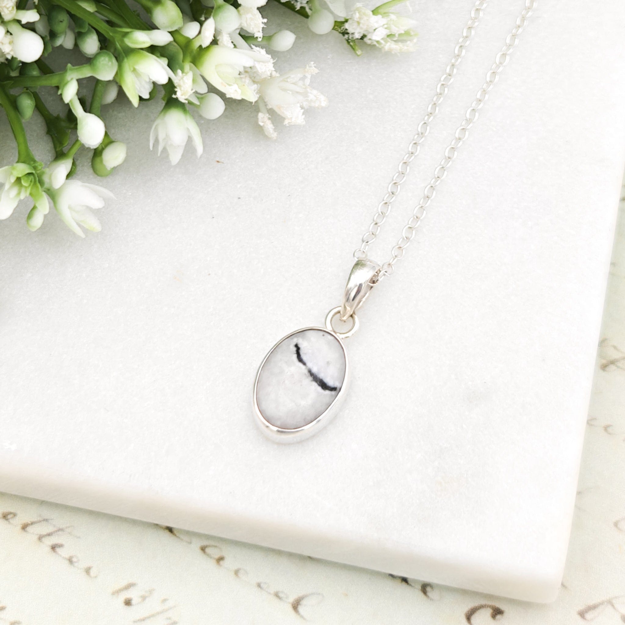 Hepburn and Hughes Isle of Skye Marble Pendant | Scottish Gift | 18mm Grey Oval Stones | Sterling Silver