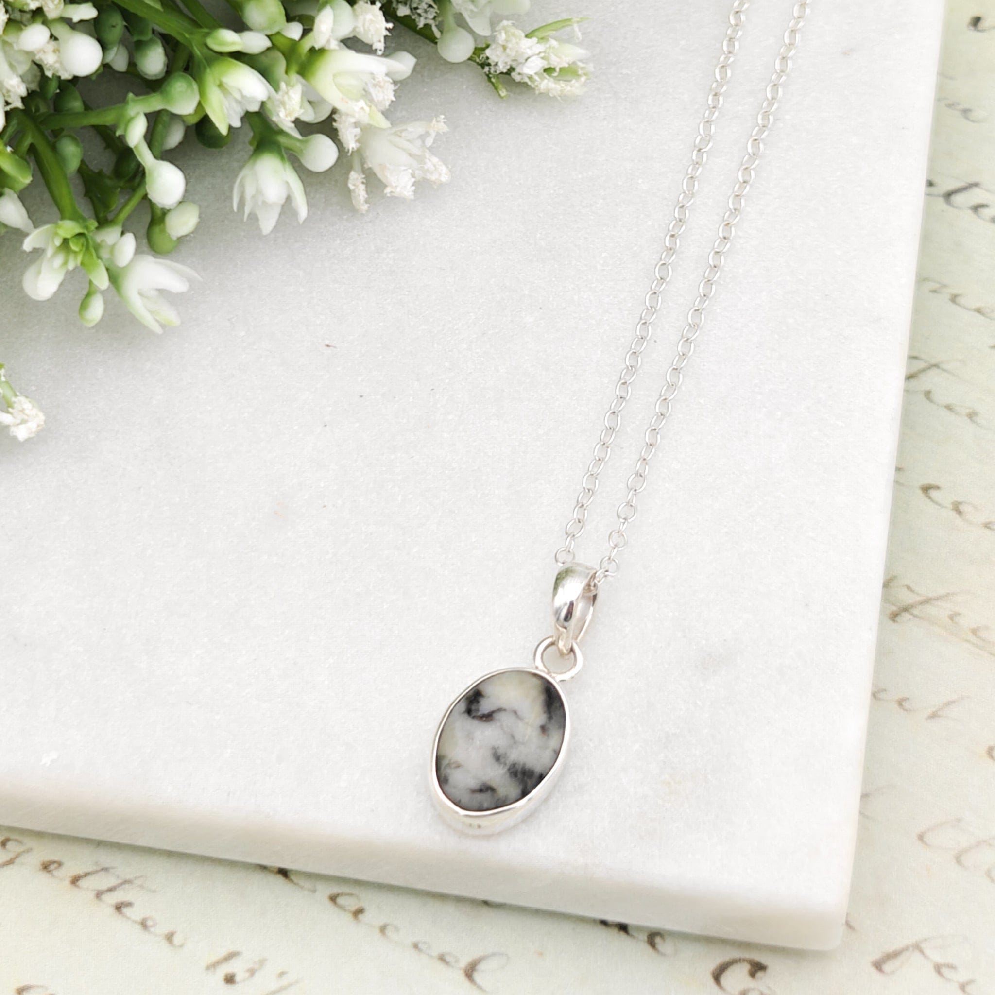 Hepburn and Hughes Isle of Skye Marble Pendant | Scottish Gift | 18mm Grey Oval Stones | Sterling Silver