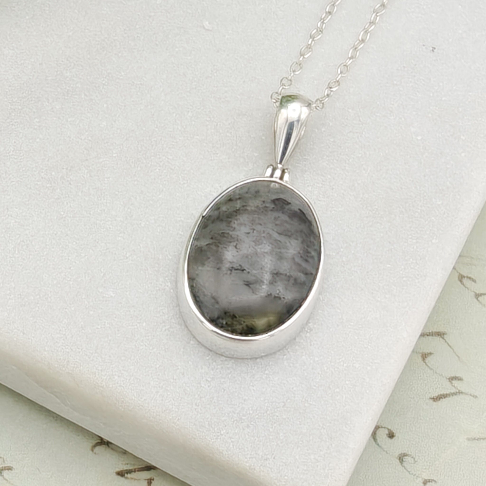 Hepburn & Hughes Isle of Skye Marble Pendant | Scottish Gift | 18mm Grey Oval Stones | Sterling Silver