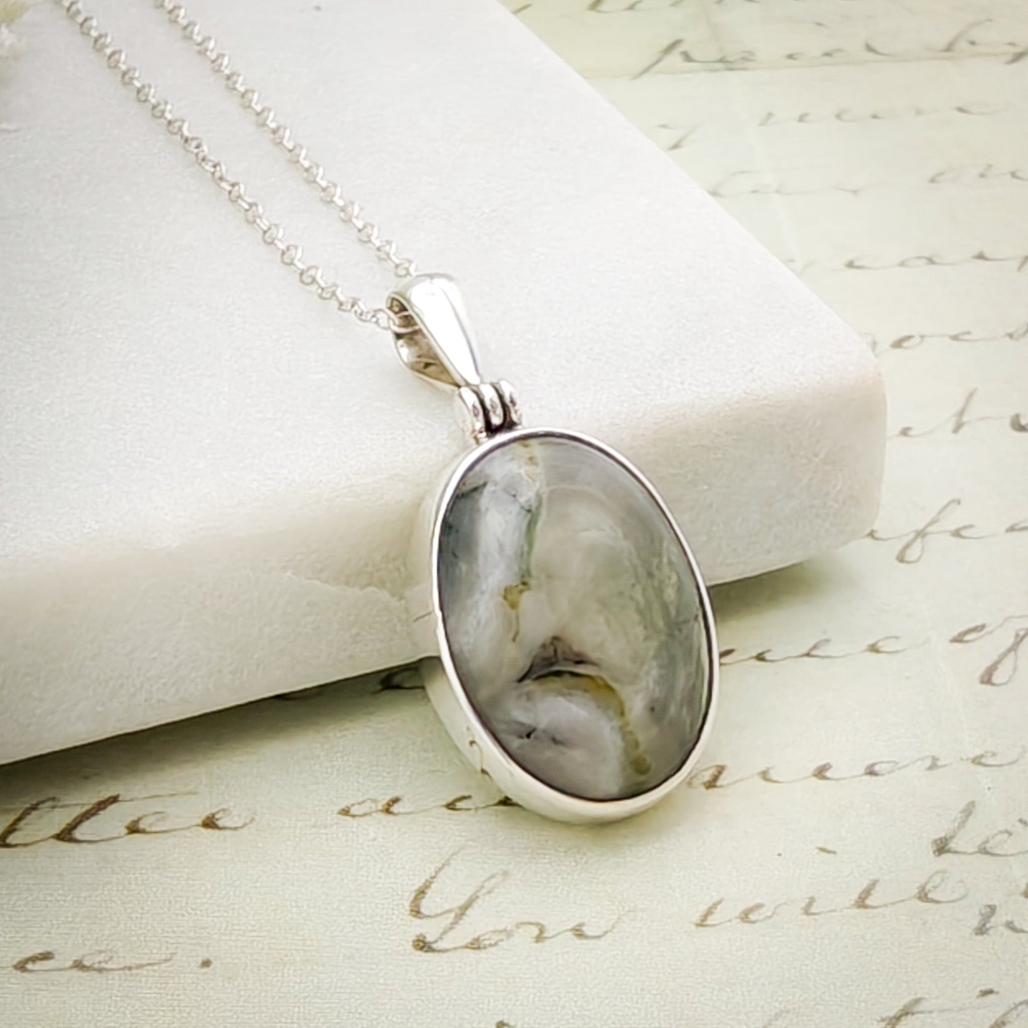 Hepburn & Hughes Isle of Skye Marble Pendant | Scottish Gift | 18mm Grey Oval Stones | Sterling Silver
