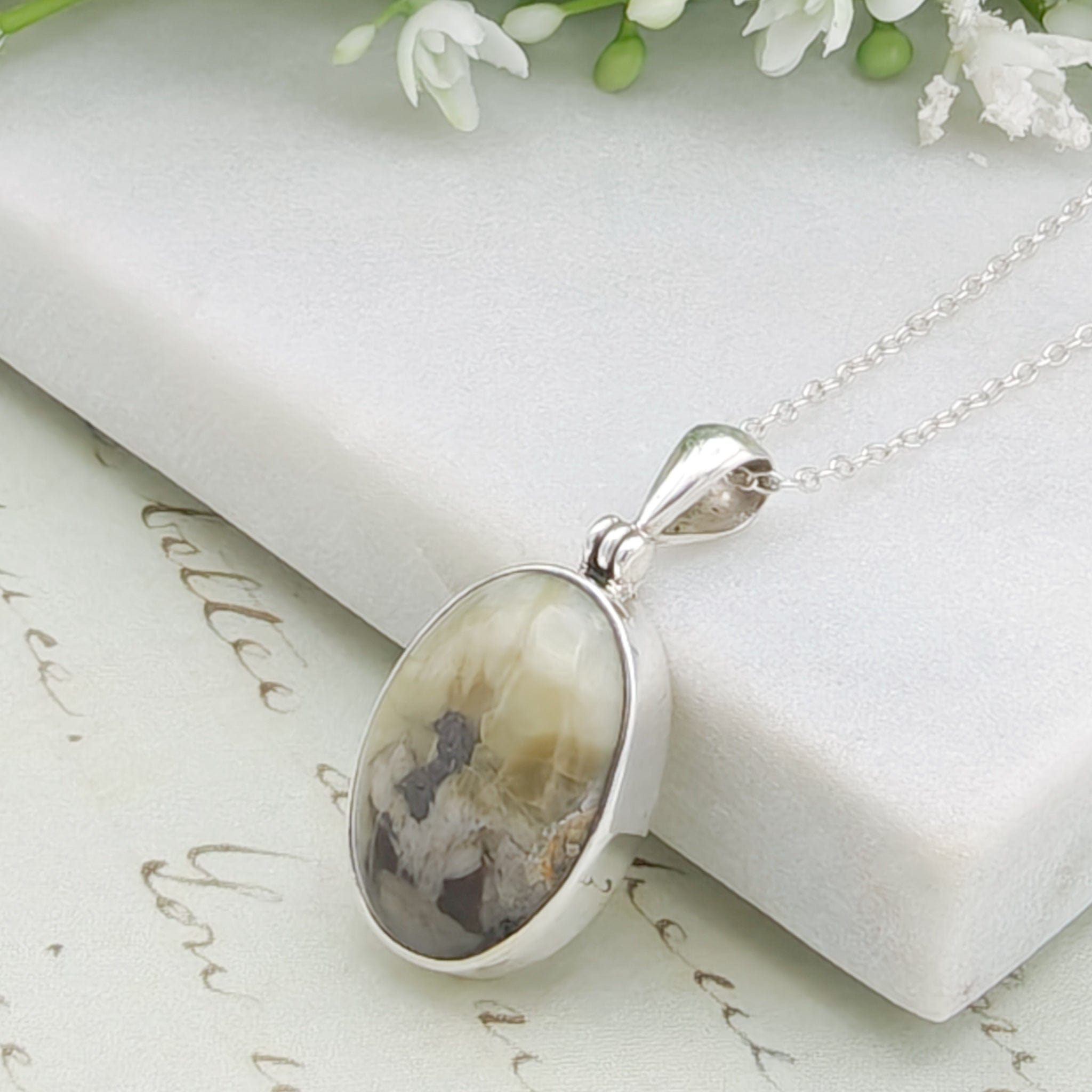 Hepburn & Hughes Isle of Skye Marble Pendant | Scottish Gift | 18mm Grey Oval Stones | Sterling Silver