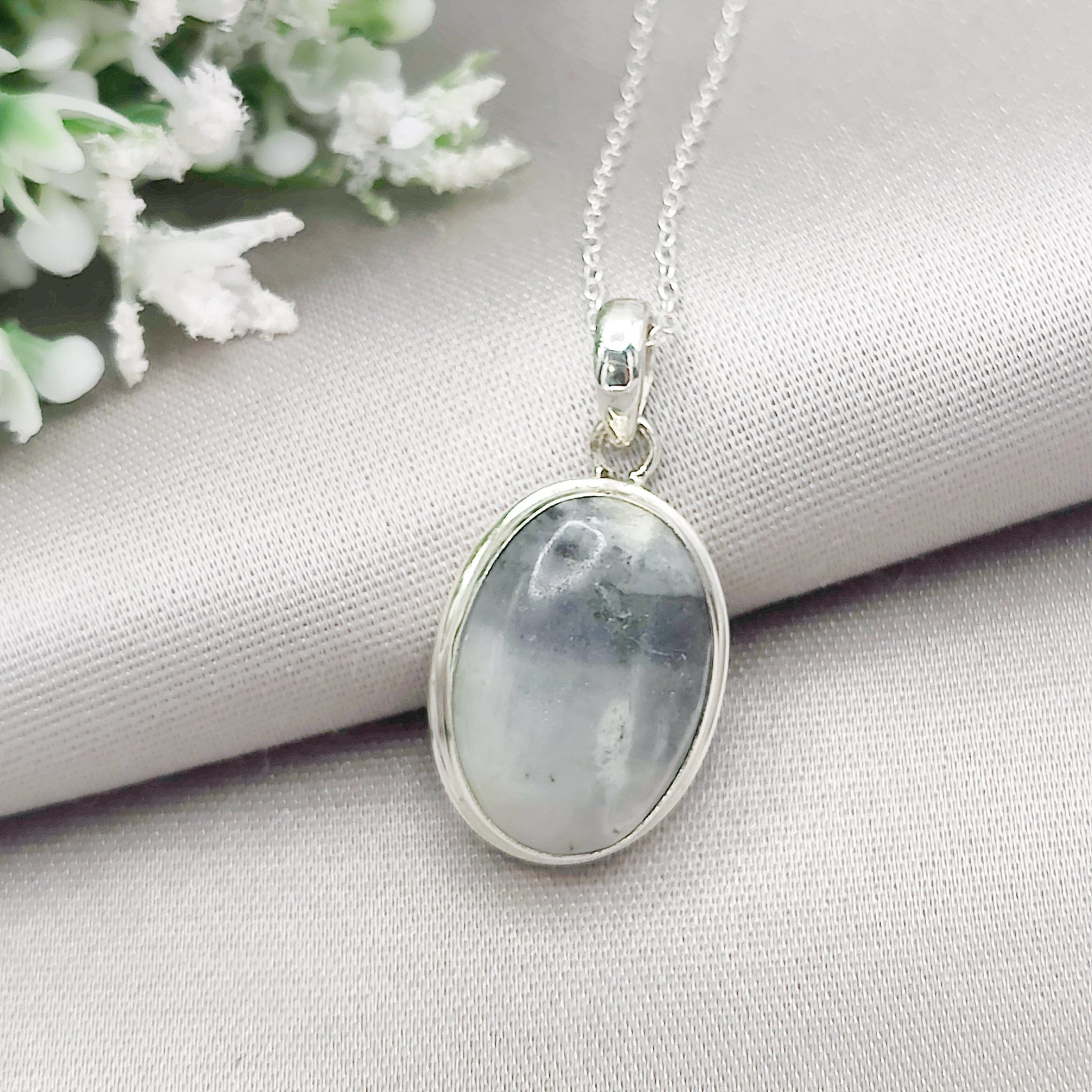 Hepburn & Hughes Isle of Skye Marble Pendant | Scottish Gift | 18mm White and Grey Oval Stones | Five options | Sterling Silver