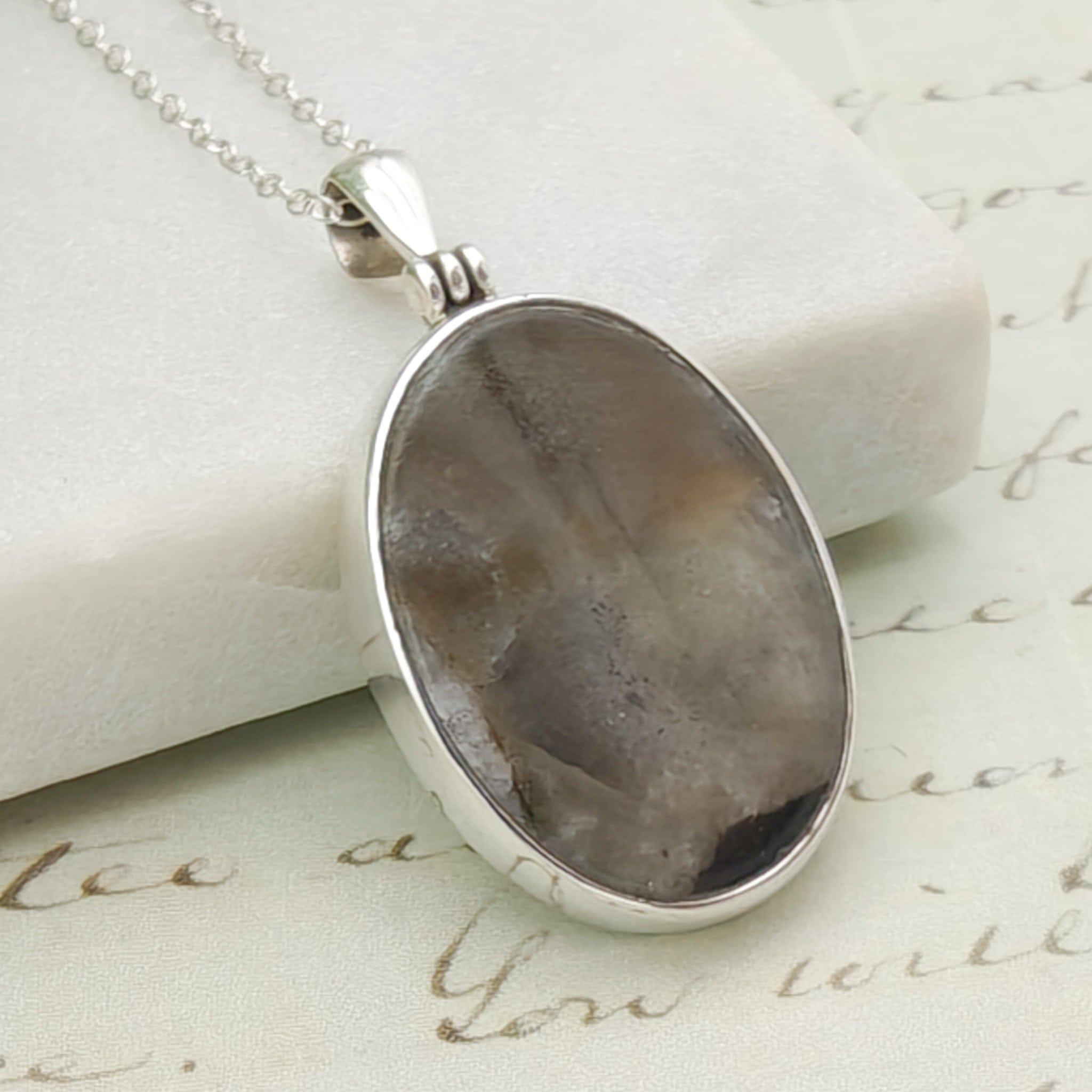 Hepburn & Hughes Isle of Skye Marble Pendant | Scottish Gift | 25mm Oval Grey Stone | Sterling Silver