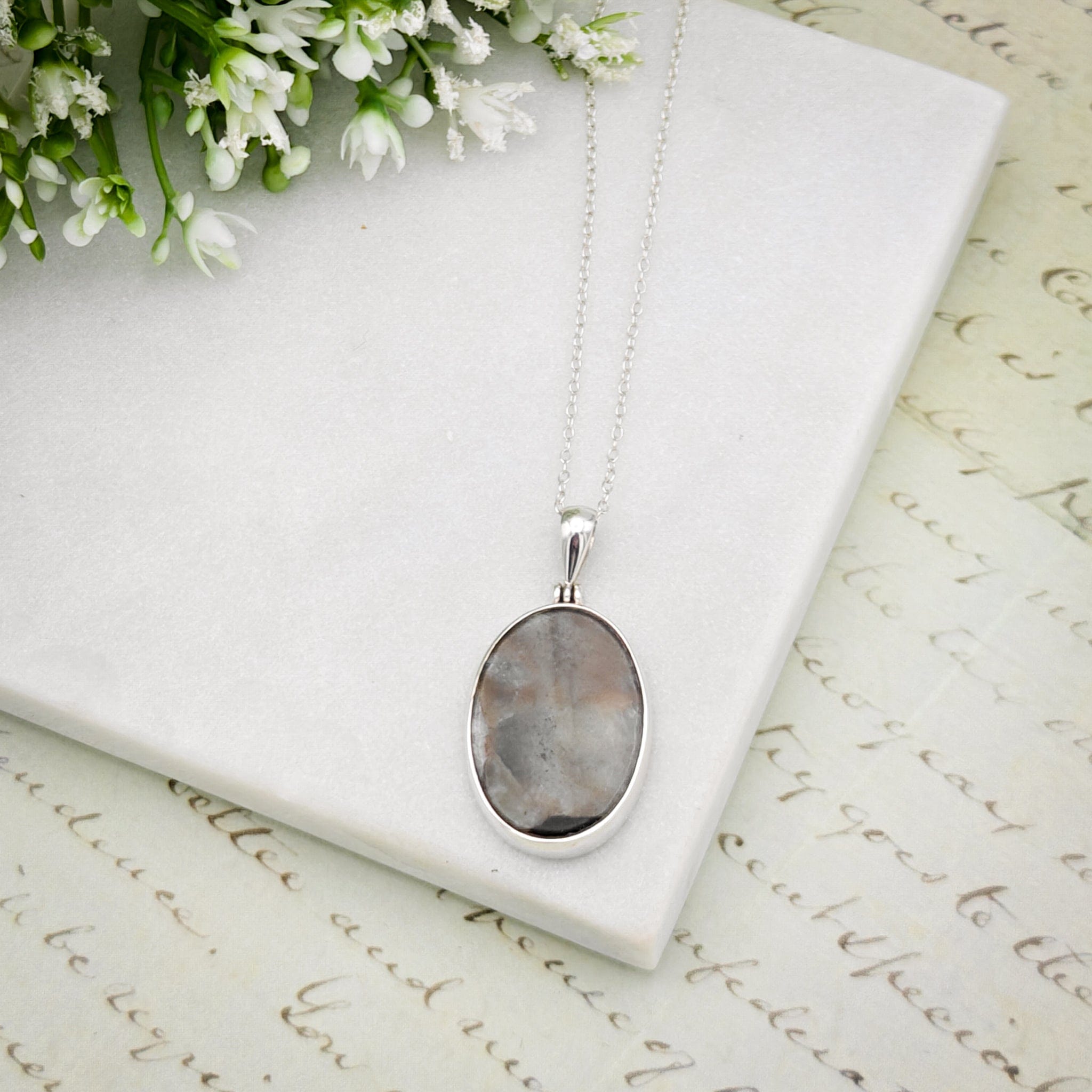 Hepburn & Hughes Isle of Skye Marble Pendant | Scottish Gift | 25mm Oval Grey Stone | Sterling Silver