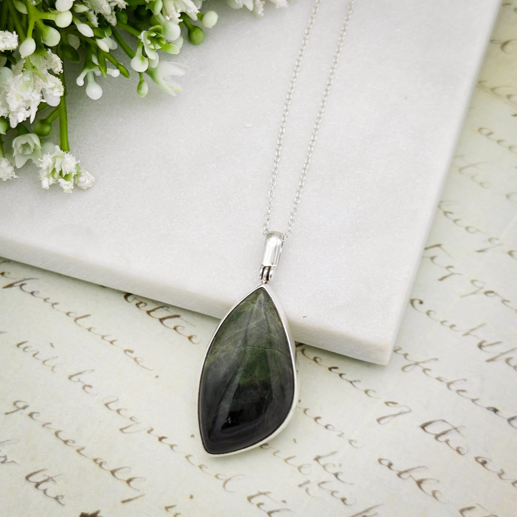Hepburn & Hughes Isle of Skye Marble Pendant | Scottish Gift | 35mm Green Stone | Sterling Silver