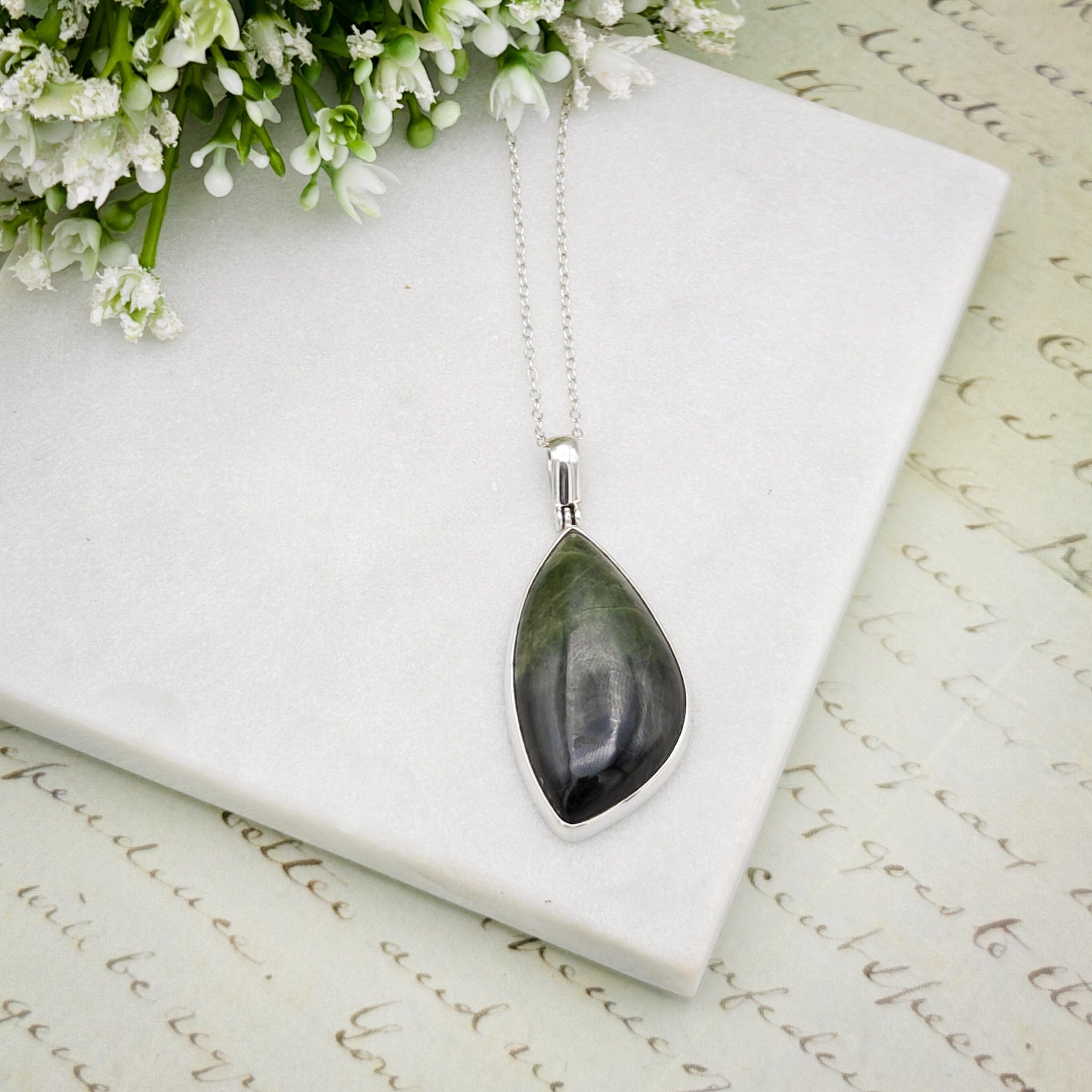 Hepburn & Hughes Isle of Skye Marble Pendant | Scottish Gift | 35mm Green Stone | Sterling Silver