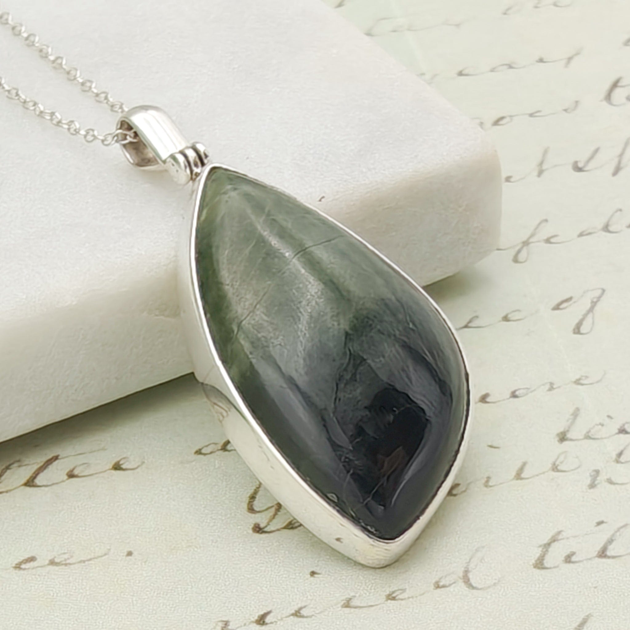 Hepburn & Hughes Isle of Skye Marble Pendant | Scottish Gift | 35mm Green Stone | Sterling Silver