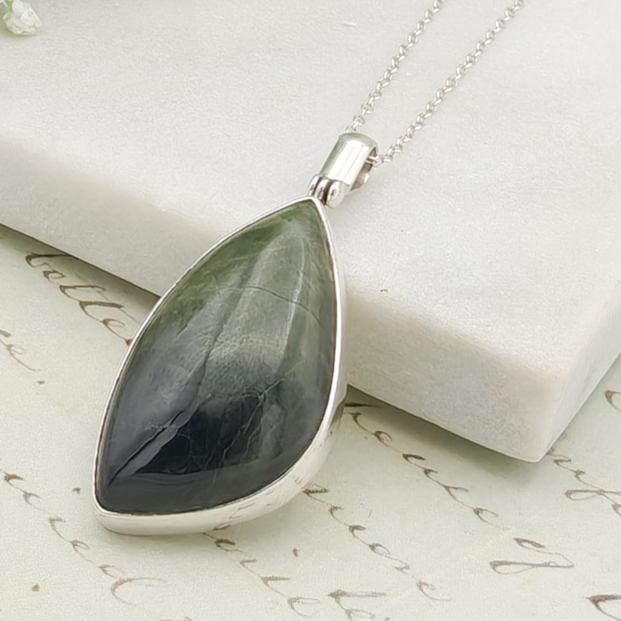 Hepburn & Hughes Isle of Skye Marble Pendant | Scottish Gift | 35mm Green Stone | Sterling Silver